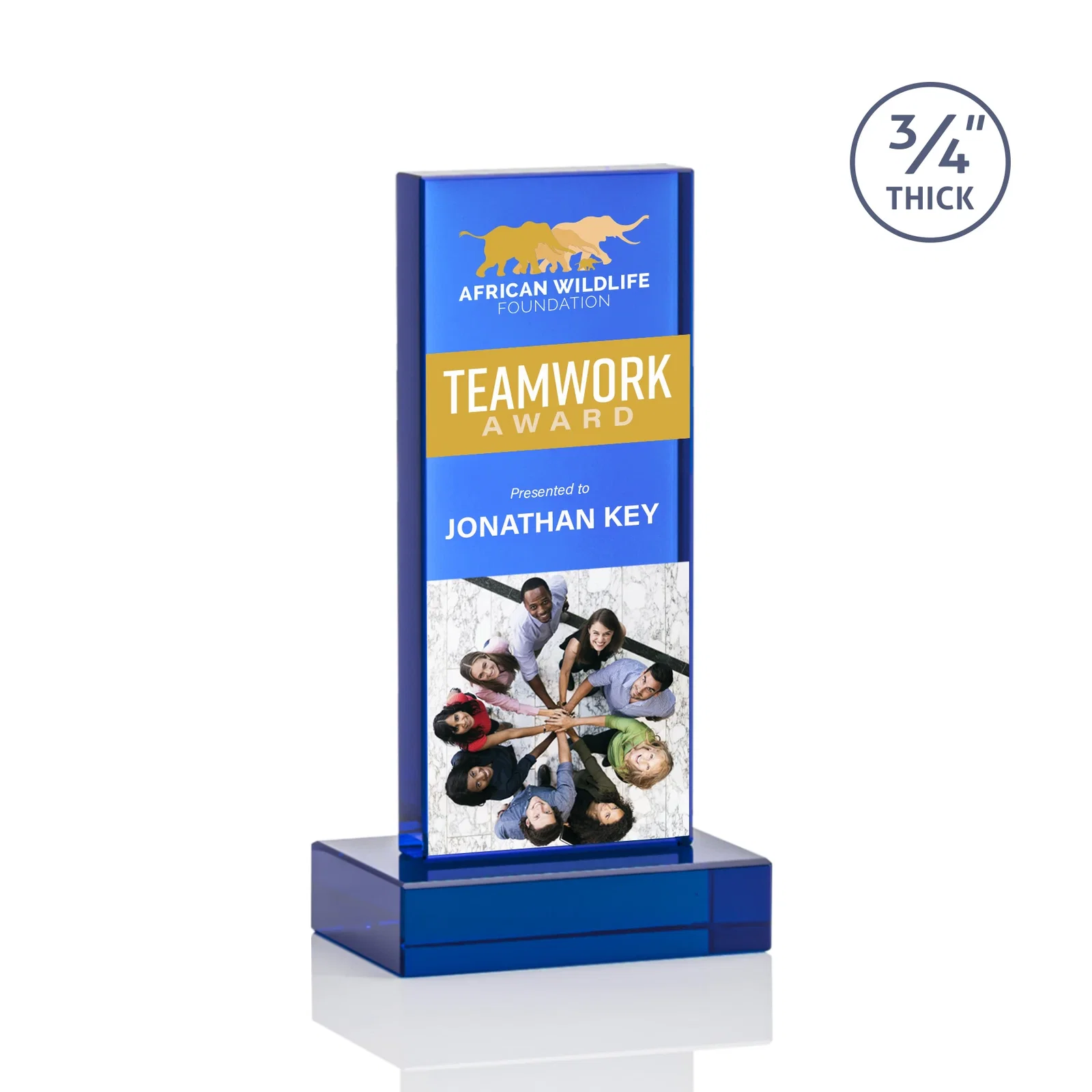 Custom engraved Clear Optical Crystal Tower Award on Thick Matching Base for sales achievement awards