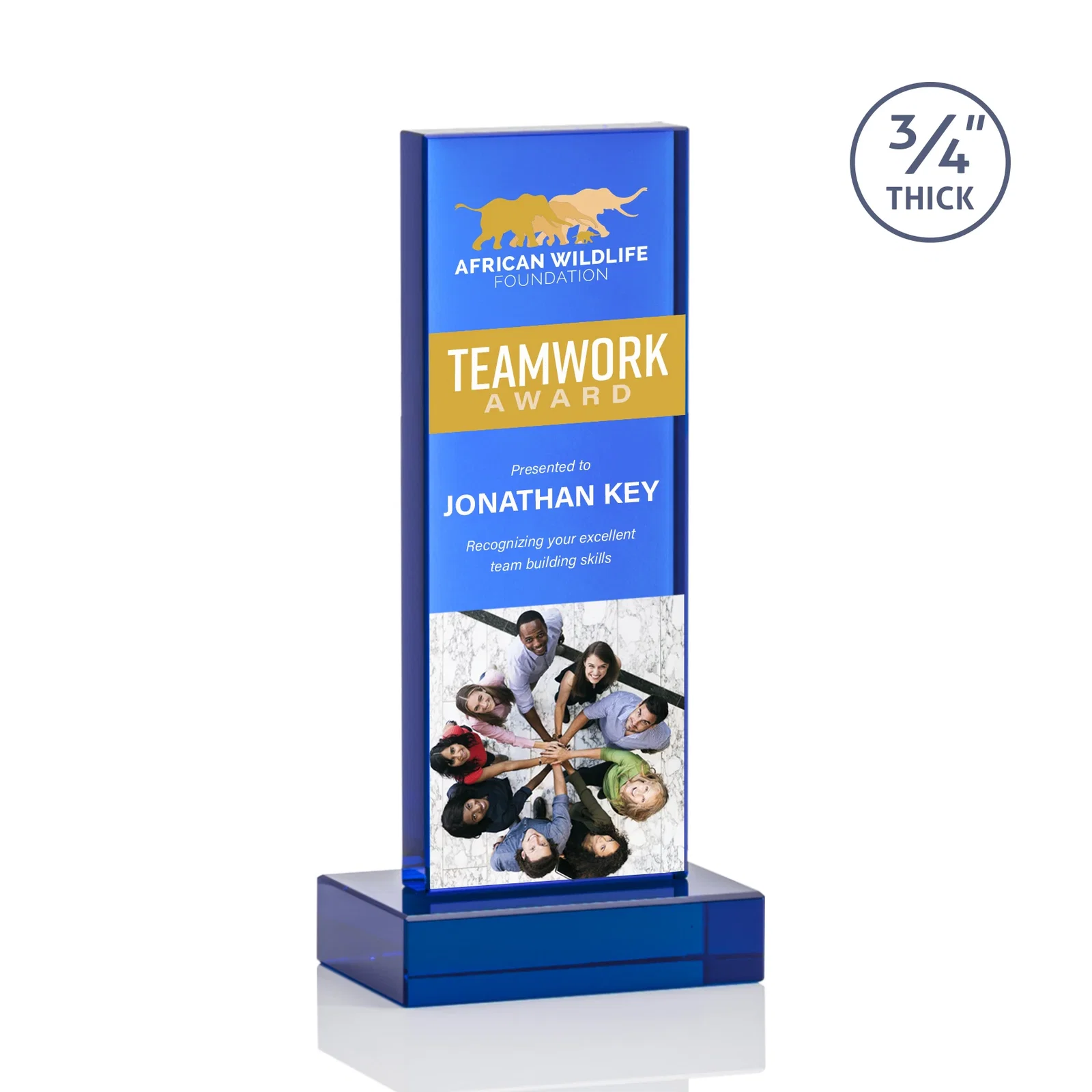Custom engraved Clear Optical Crystal Tower Award on Thick Matching Base for retirement presentations