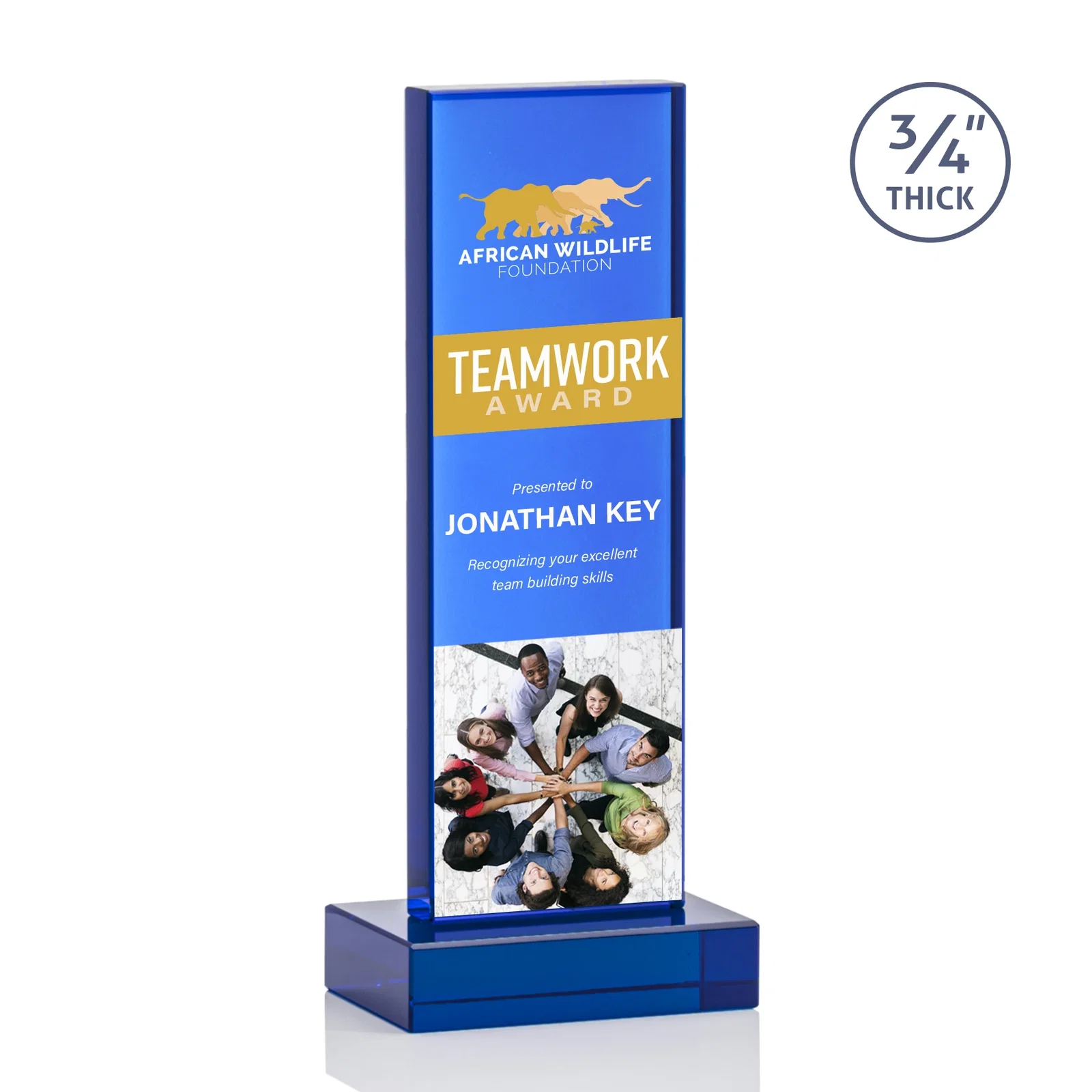 Custom engraved Clear Optical Crystal Tower Award on Thick Matching Base for team milestone celebrations