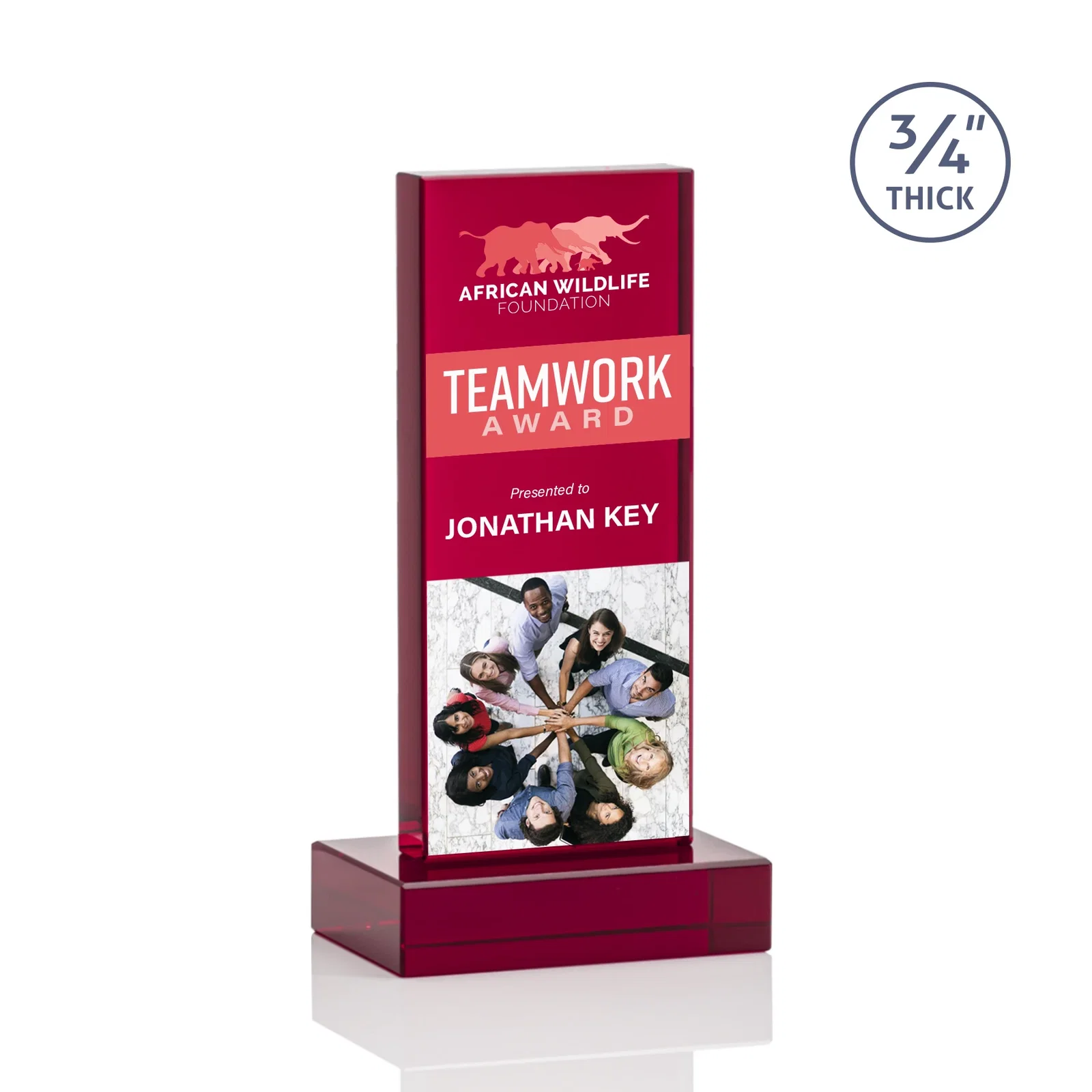 Custom engraved Clear Optical Crystal Tower Award on Thick Matching Base for volunteer appreciation