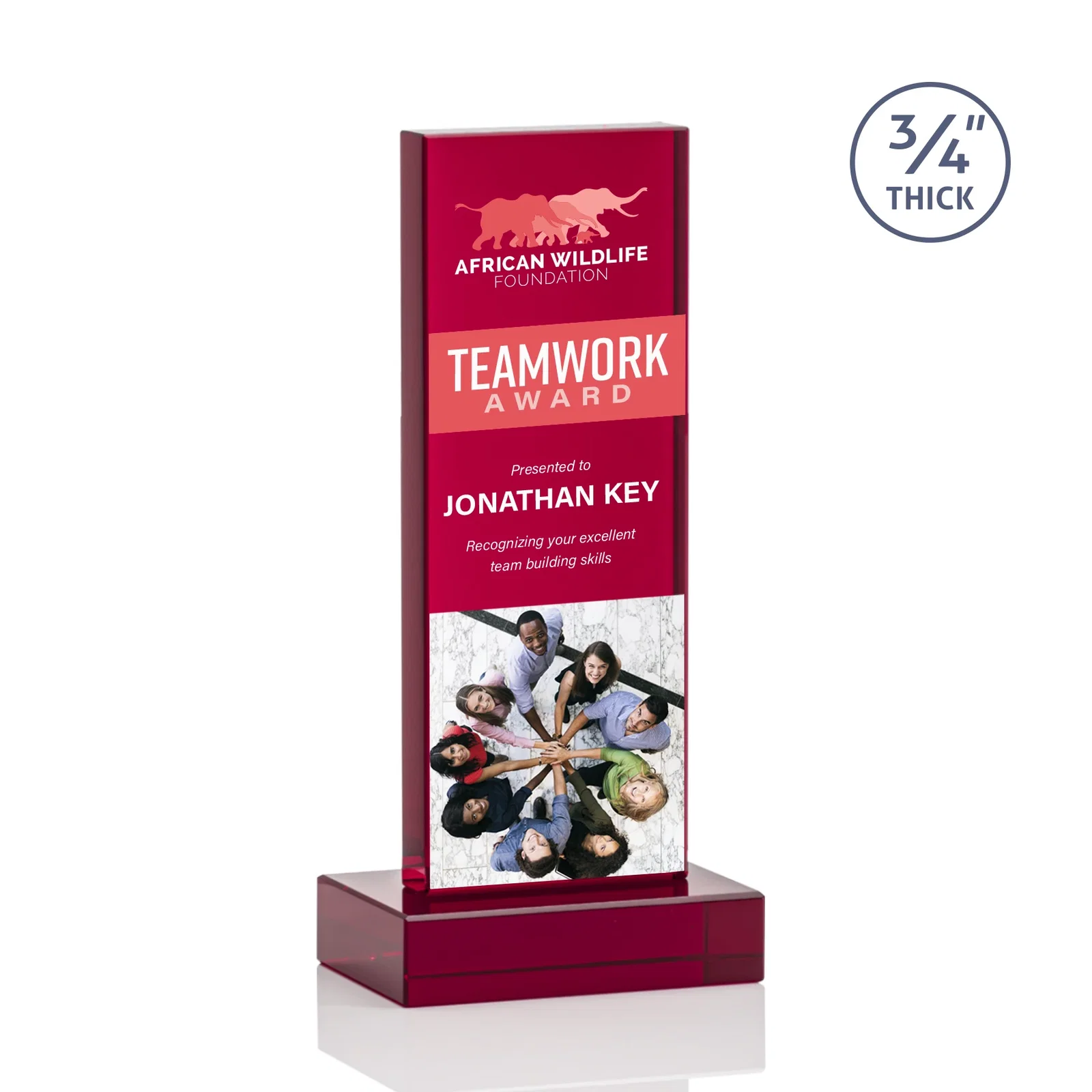 Custom engraved Clear Optical Crystal Tower Award on Thick Matching Base for dealer and partner awards