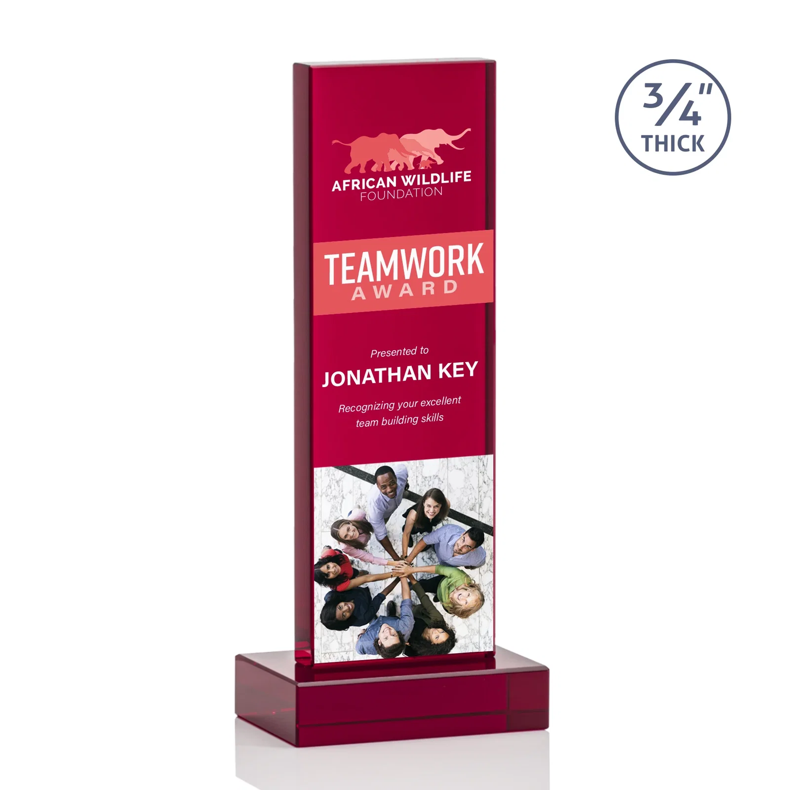 Custom engraved Clear Optical Crystal Tower Award on Thick Matching Base for company anniversary events
