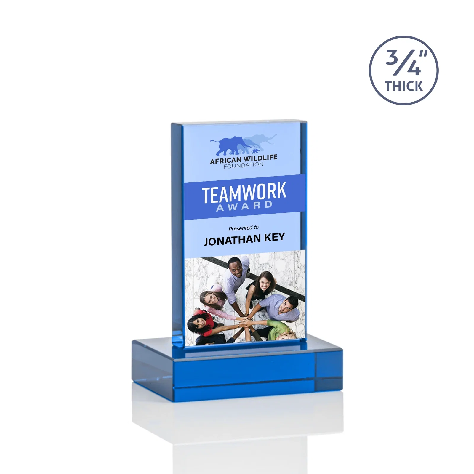 Custom Clear Optical Crystal Tower Award on Thick Matching Base, with your logo for corporate award ceremonies