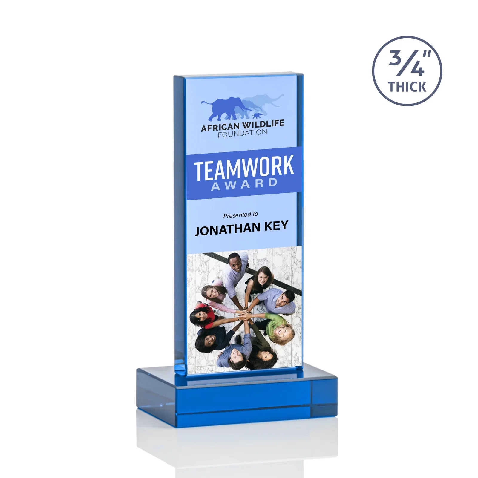 Custom Clear Optical Crystal Tower Award on Thick Matching Base, with your logo for sales achievement awards