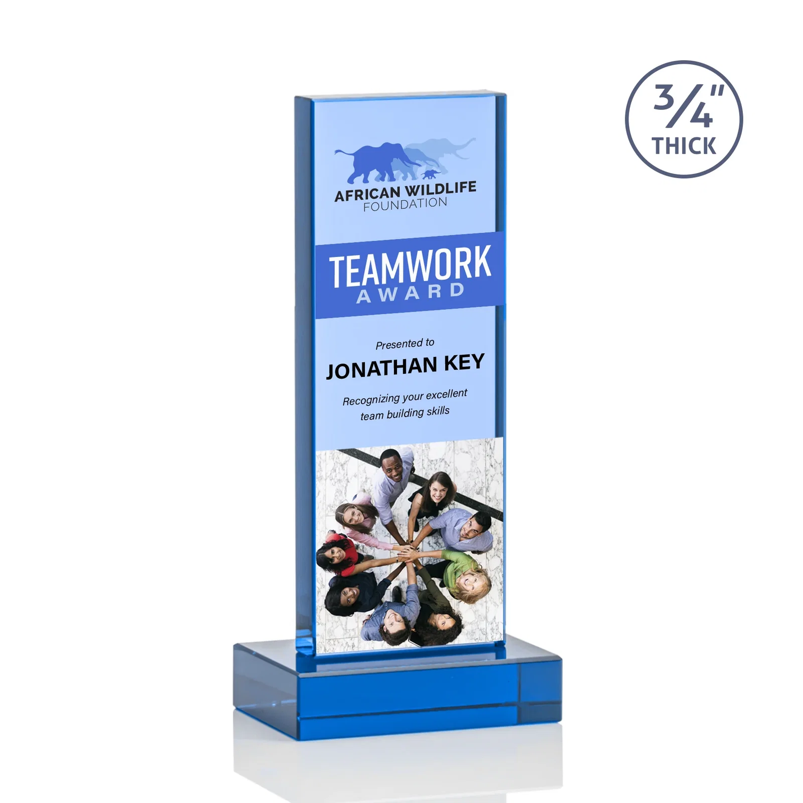 Custom Clear Optical Crystal Tower Award on Thick Matching Base, with your logo for retirement presentations
