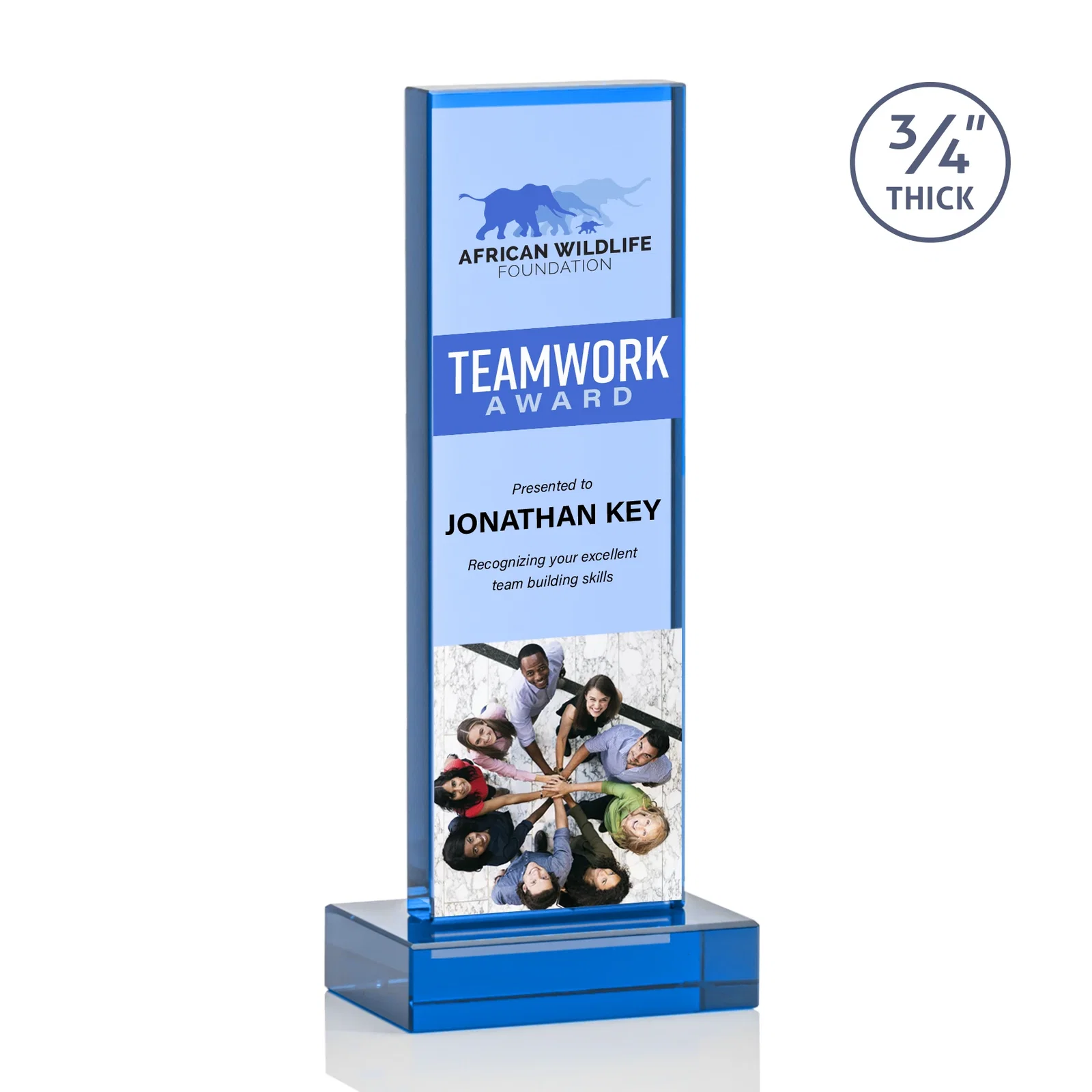 Custom Clear Optical Crystal Tower Award on Thick Matching Base, with your logo for team milestone celebrations