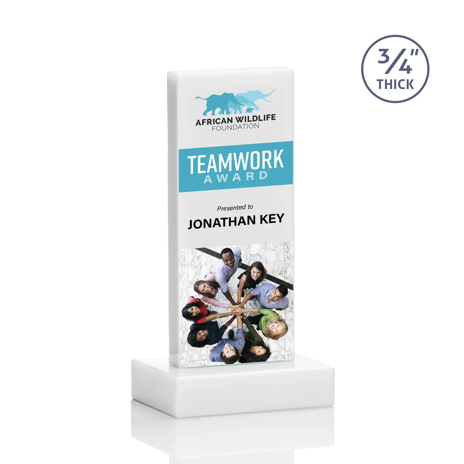 Custom Clear Optical Crystal Tower Award on Thick Matching Base, with your logo for volunteer appreciation
