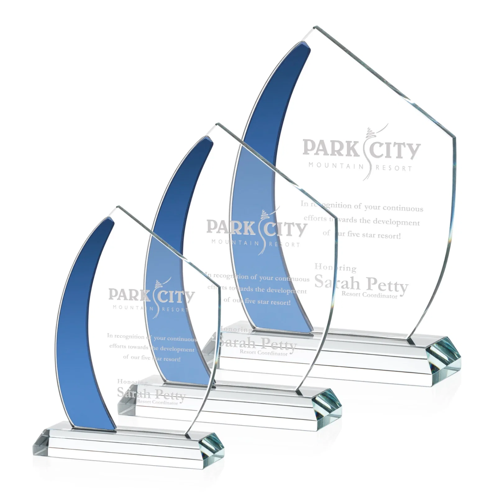 Custom Starfire Crystal Teardrop Award With Curved Blue Accent, awards for employee recognition