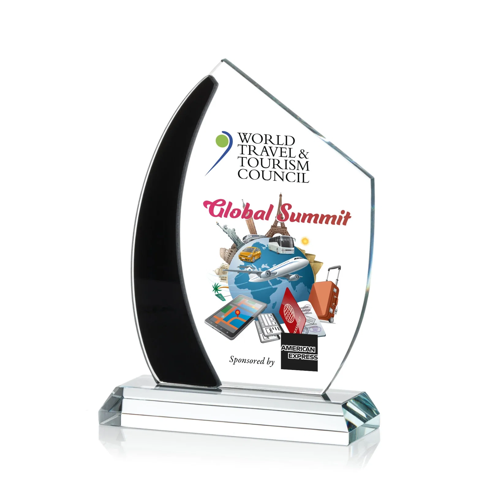 Custom Starfire Crystal Teardrop Award With Curved Blue Accent, awards for volunteer appreciation
