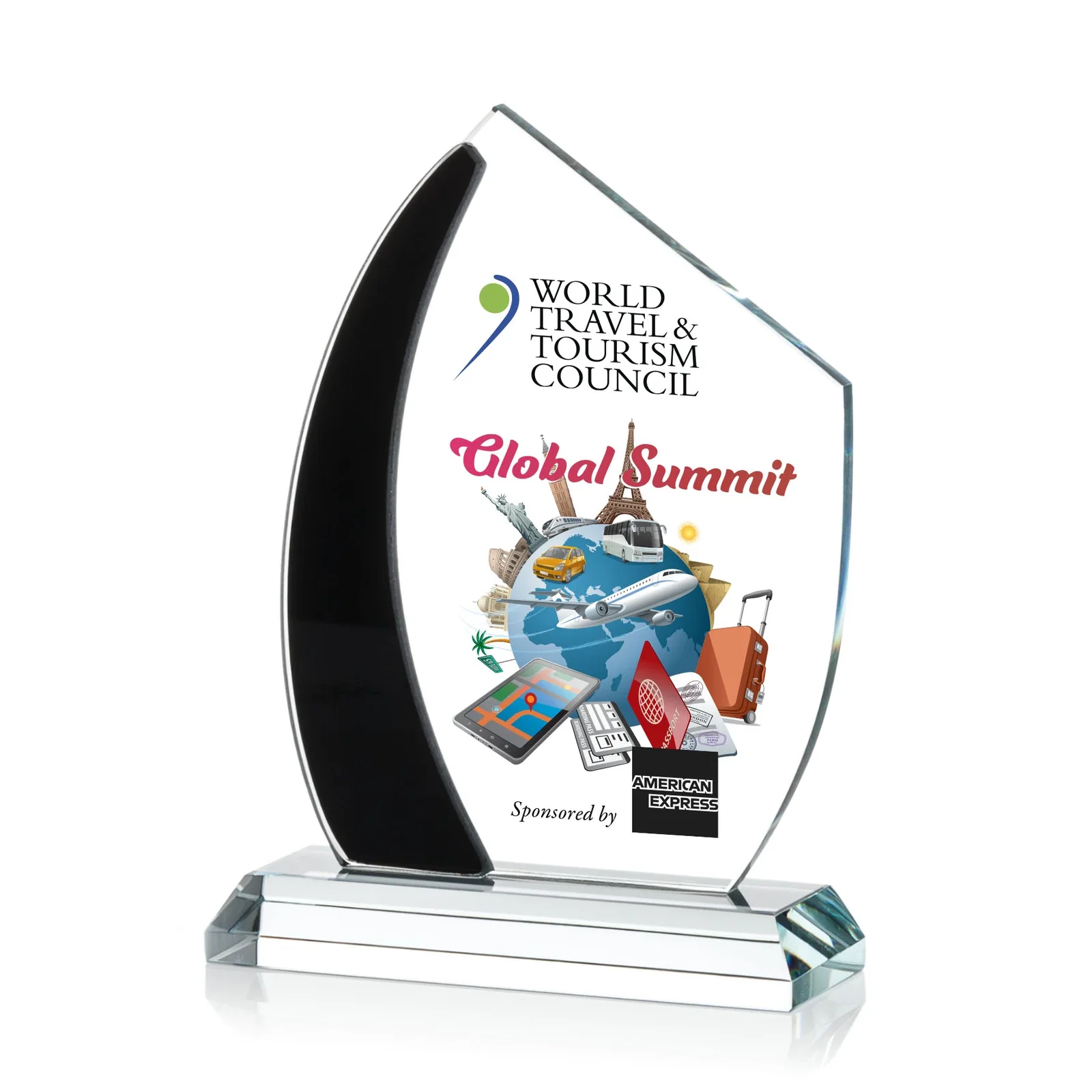 Custom Starfire Crystal Teardrop Award With Curved Blue Accent, awards for dealer and partner awards