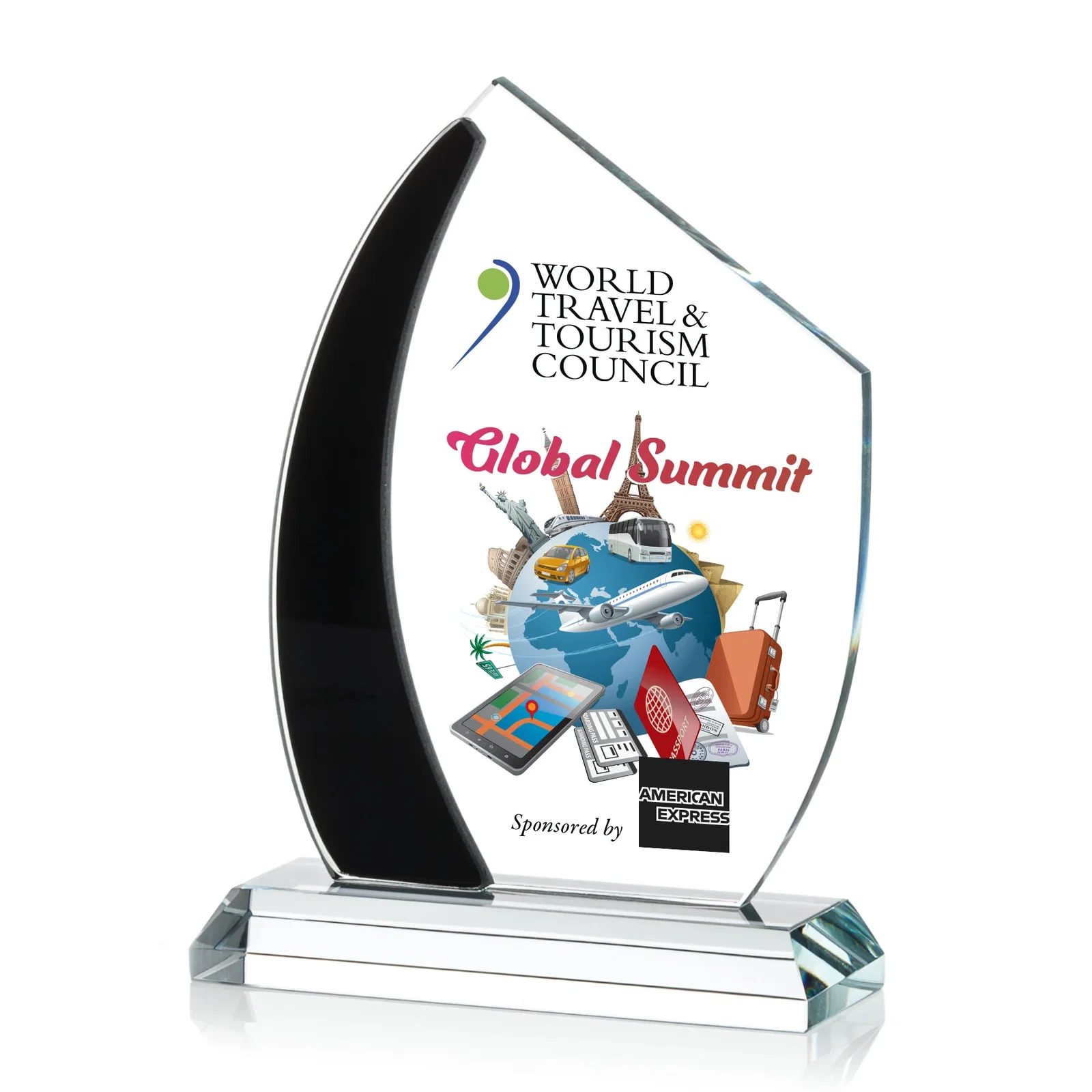 Custom Starfire Crystal Teardrop Award With Curved Blue Accent, awards for company anniversary events