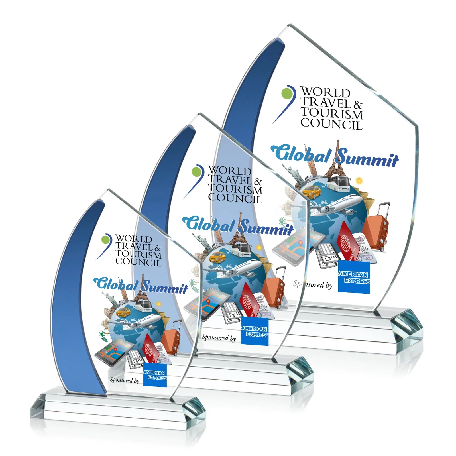 Personalized Starfire Crystal Teardrop Award With Curved Blue Accent, awards for employee recognition