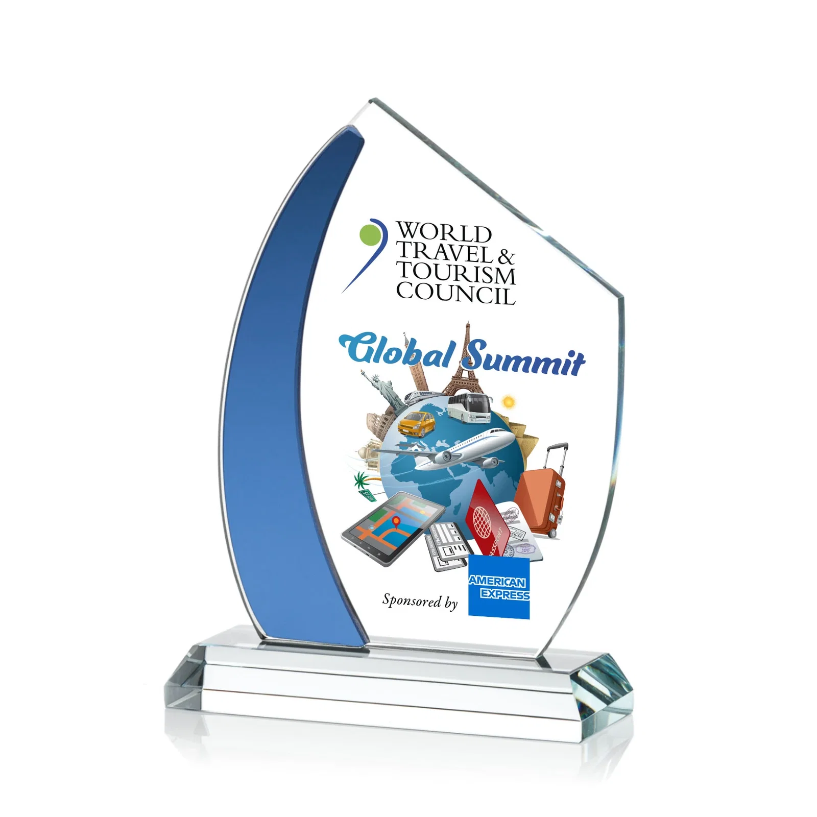 Personalized Starfire Crystal Teardrop Award With Curved Blue Accent, awards for corporate award ceremonies