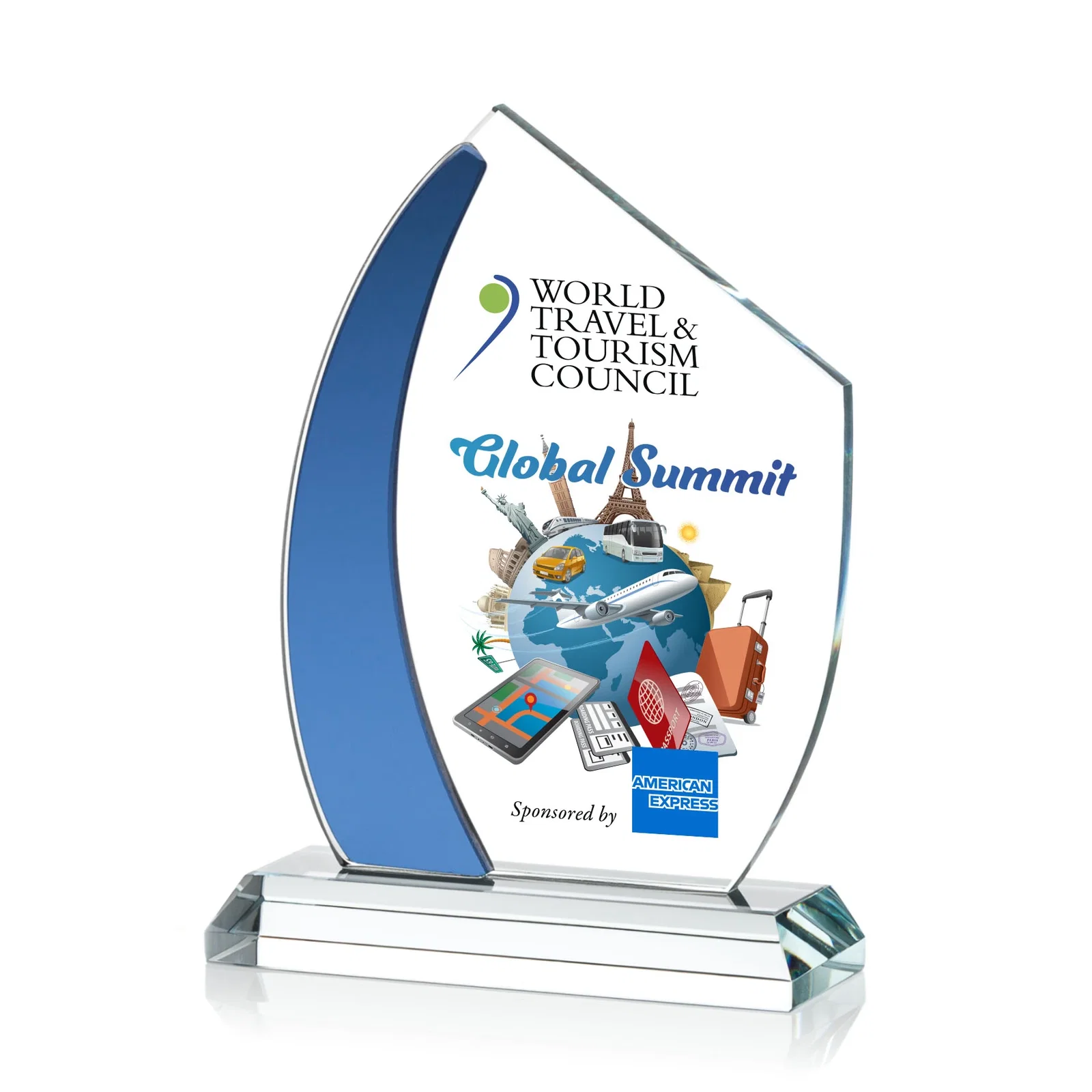 Personalized Starfire Crystal Teardrop Award With Curved Blue Accent, awards for service anniversary gifts