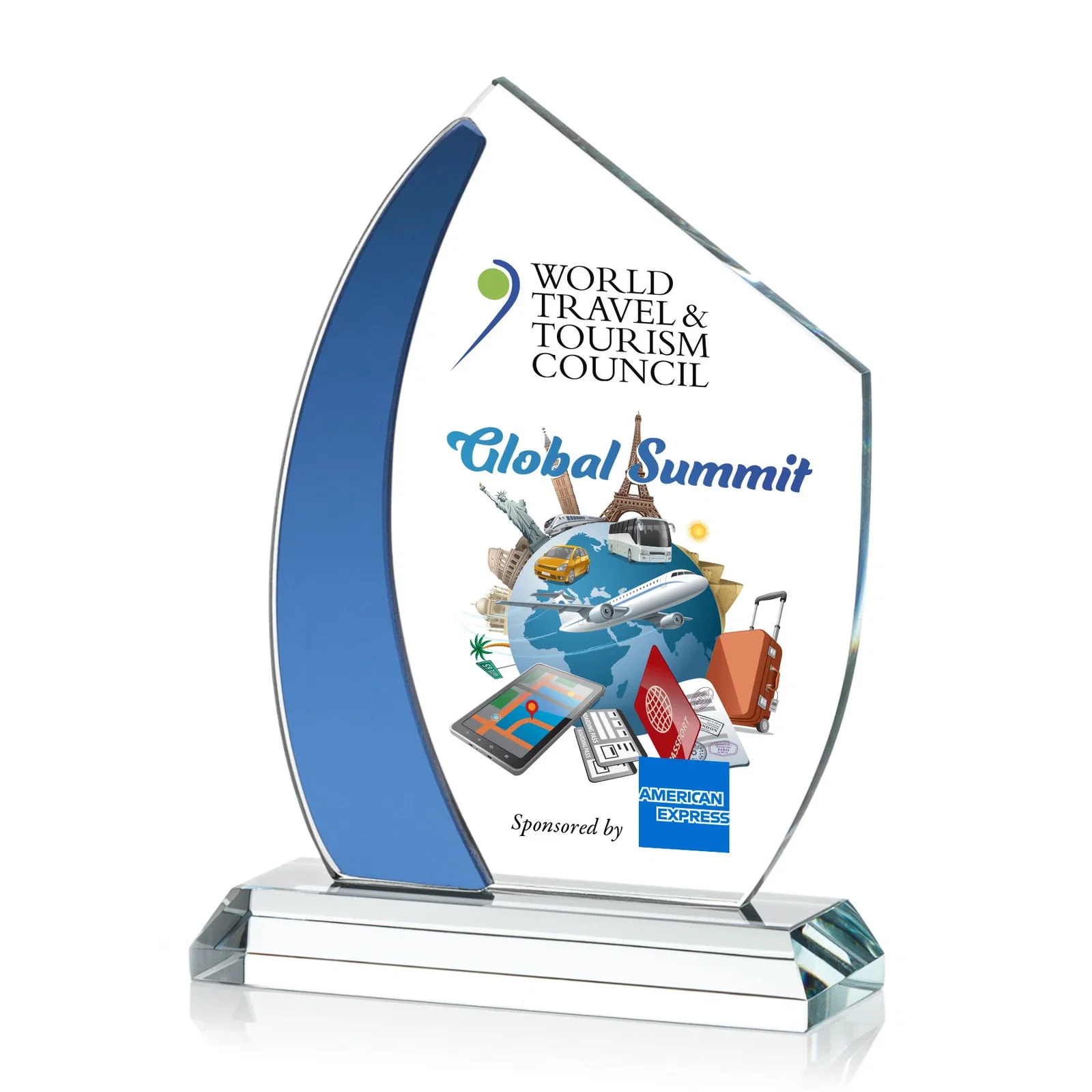 Personalized Starfire Crystal Teardrop Award With Curved Blue Accent, awards for sales achievement awards
