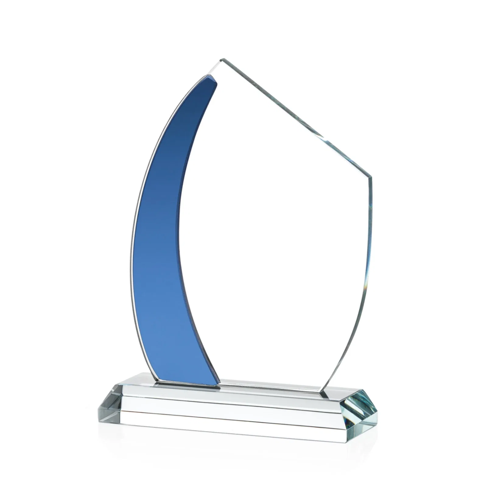Personalized Starfire Crystal Teardrop Award With Curved Blue Accent, awards for retirement presentations