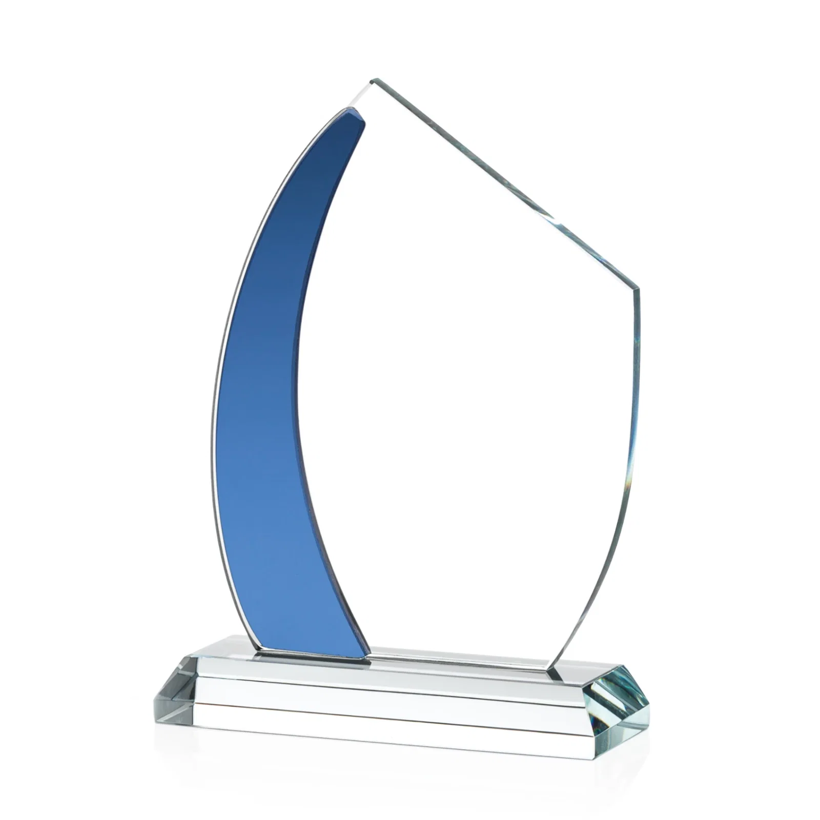 Personalized Starfire Crystal Teardrop Award With Curved Blue Accent, awards for team milestone celebrations