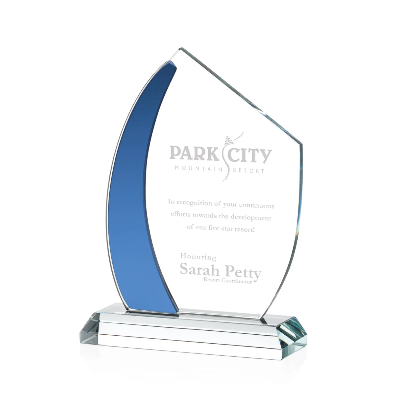 Custom Starfire Crystal Teardrop Award With Curved Blue Accent, awards for corporate award ceremonies
