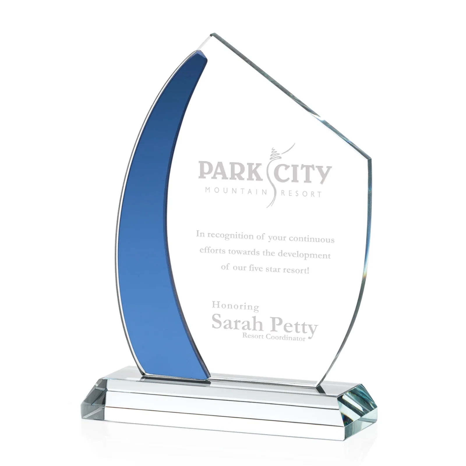 Custom Starfire Crystal Teardrop Award With Curved Blue Accent, awards for sales achievement awards