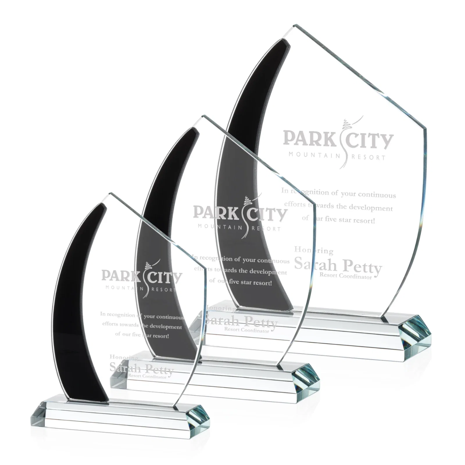 Custom Starfire Crystal Teardrop Award With Curved Blue Accent, awards for retirement presentations