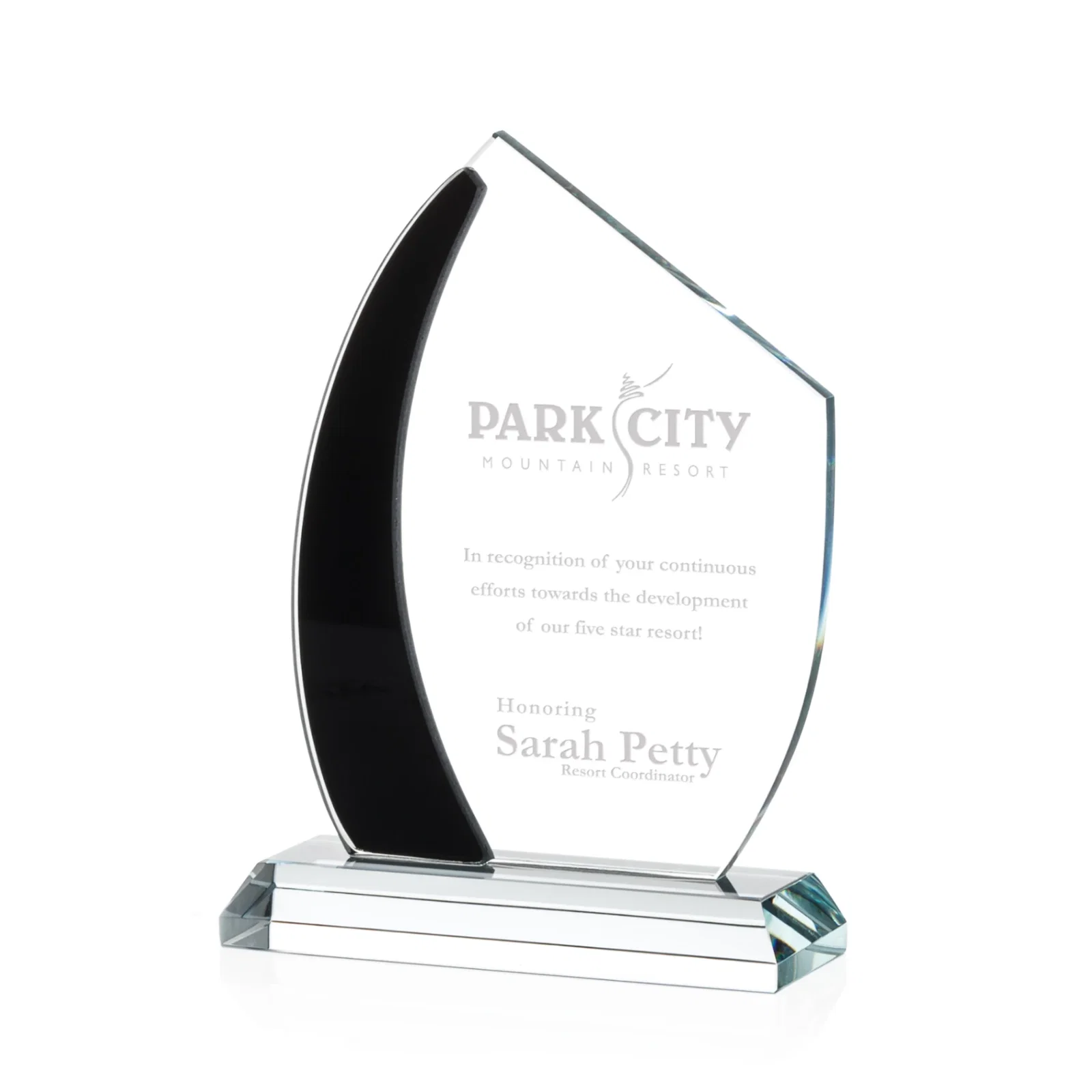 Custom Starfire Crystal Teardrop Award With Curved Blue Accent, awards for team milestone celebrations