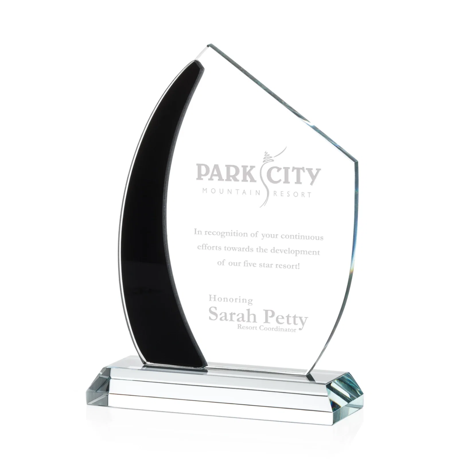 Custom Starfire Crystal Teardrop Award With Curved Blue Accent, awards for donor appreciation