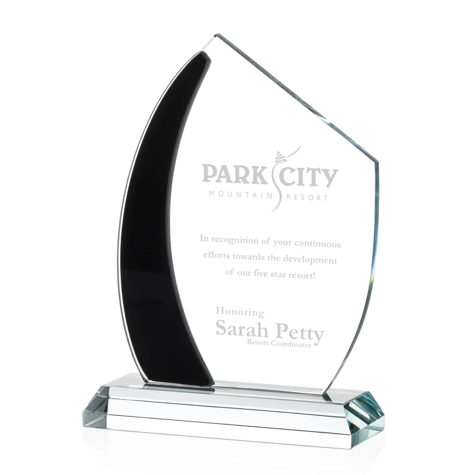 Custom Starfire Crystal Teardrop Award With Curved Blue Accent, awards for graduation ceremonies