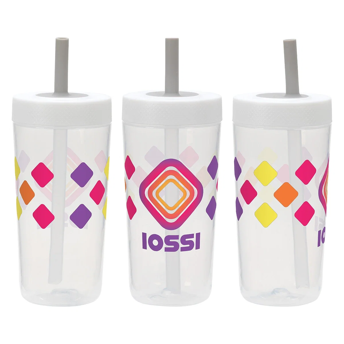 Havana tumbler rotated through three angles to show the full wraparound print on the clear colorway