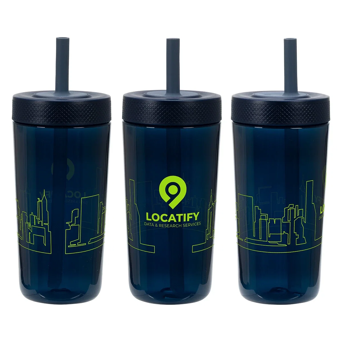 Havana tumbler rotated through three angles to show the wraparound imprint on the navy colorway