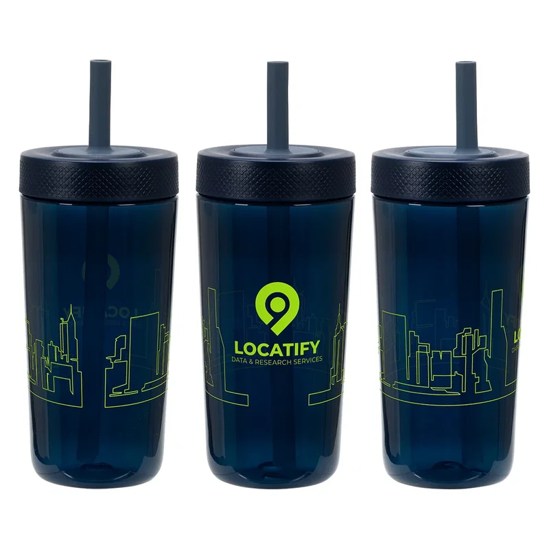 Havana tumbler rotated through three angles to show the wraparound imprint on the navy colorway