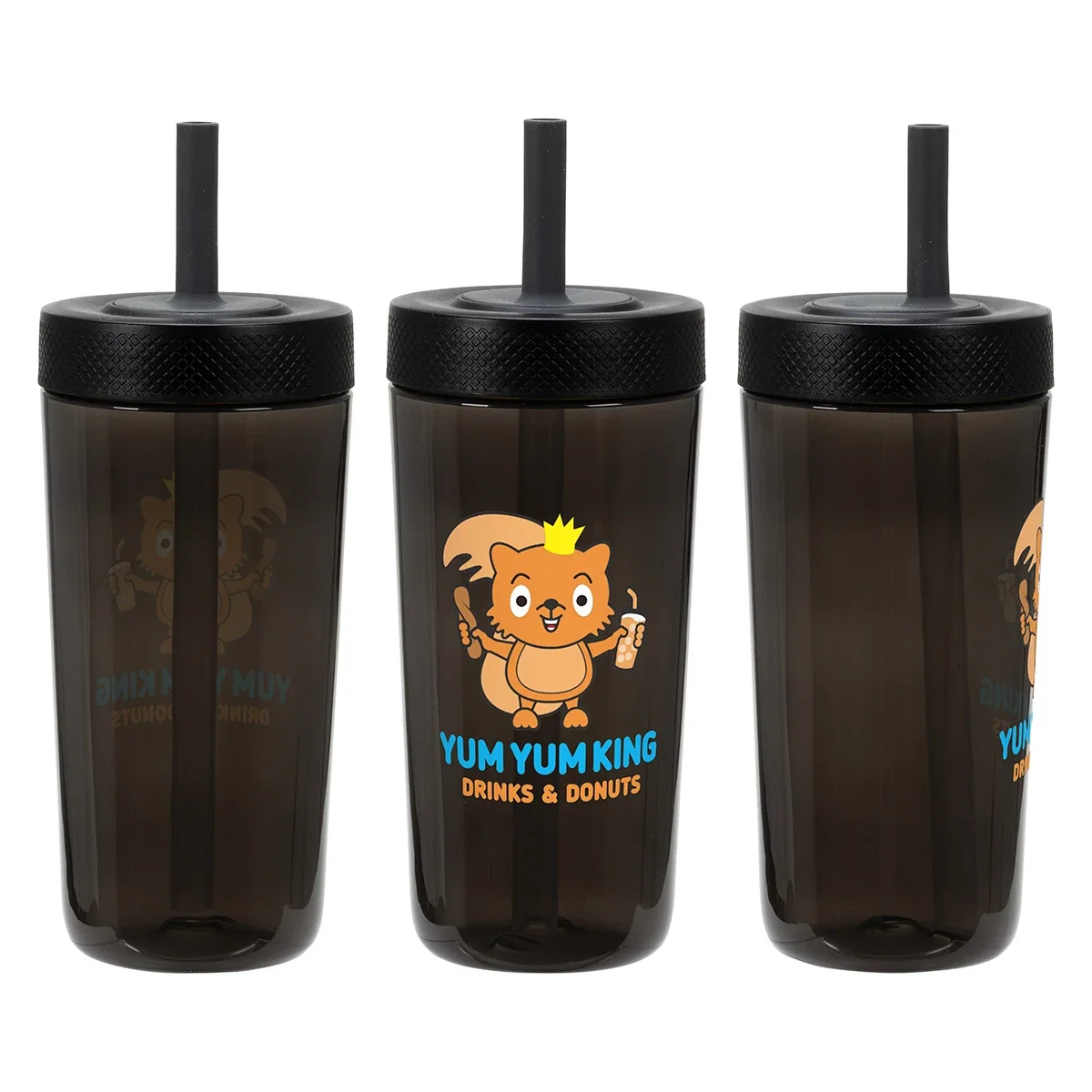 Havana tumbler rotated through three angles to show the wraparound imprint on the black colorway