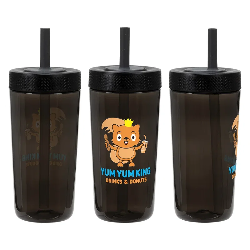 Havana tumbler rotated through three angles to show the wraparound imprint on the black colorway