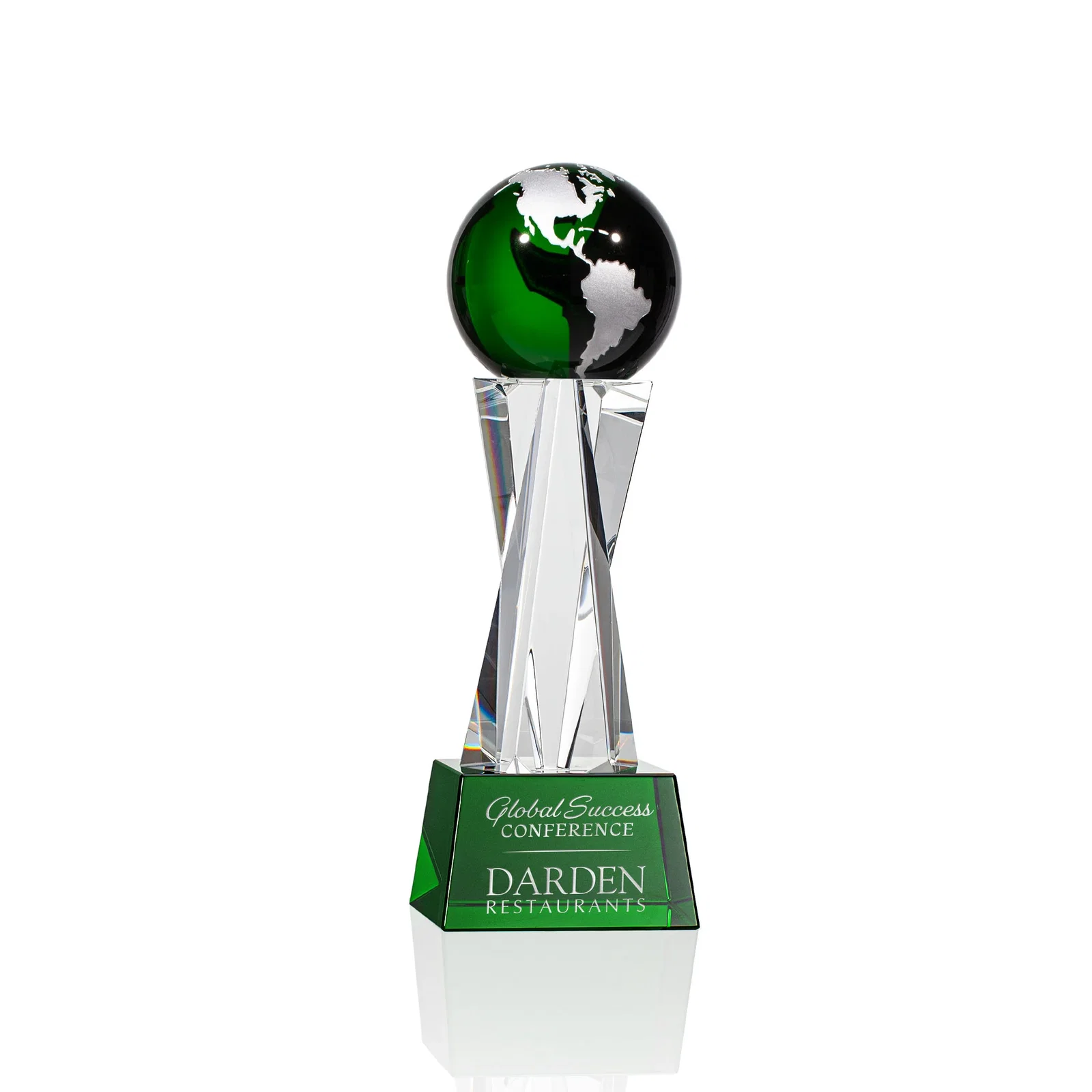 Custom Optical Crystal Globe Award on a Crystal Pillar for dealer and partner awards