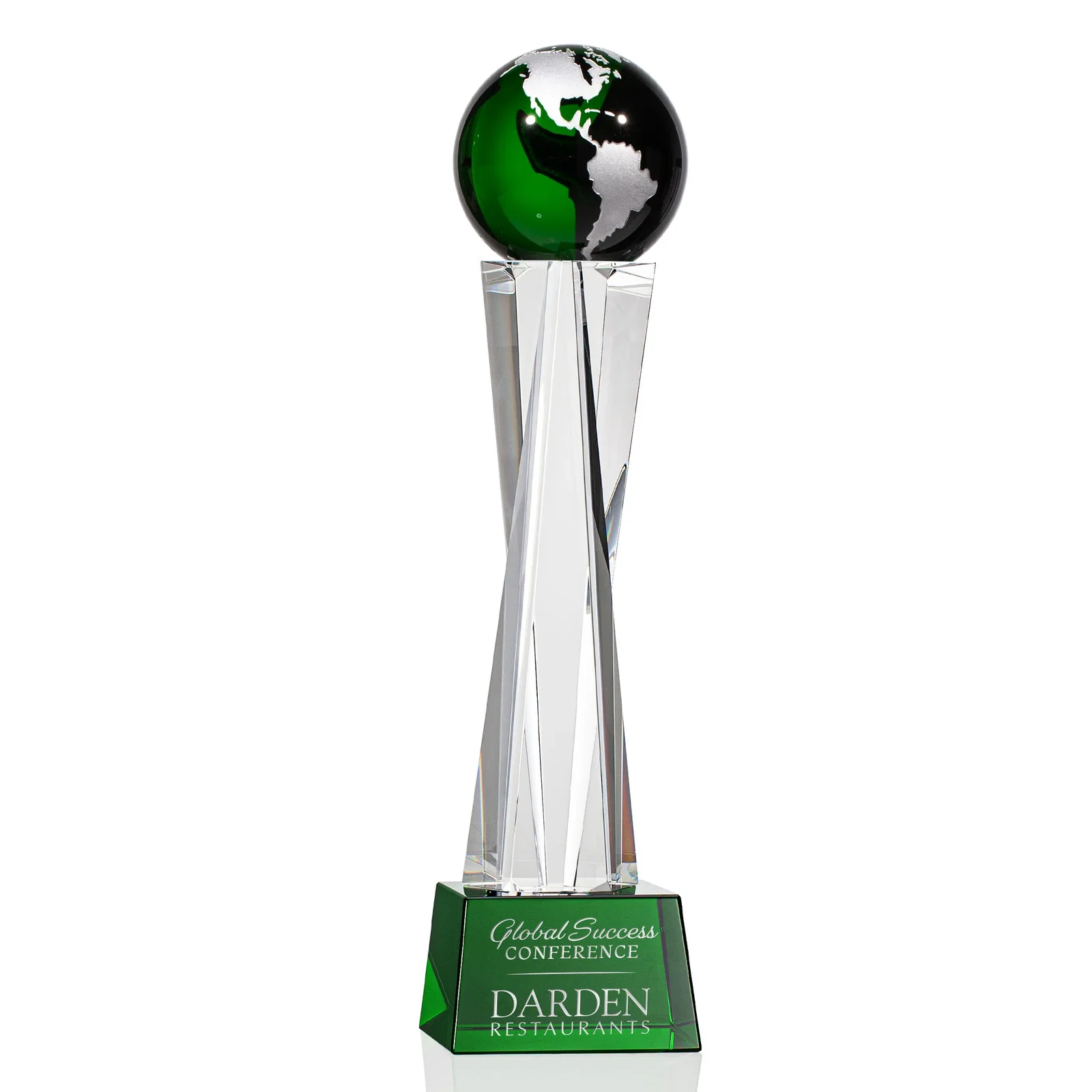 Personalized Optical Crystal Globe Award on a Crystal Pillar for employee recognition