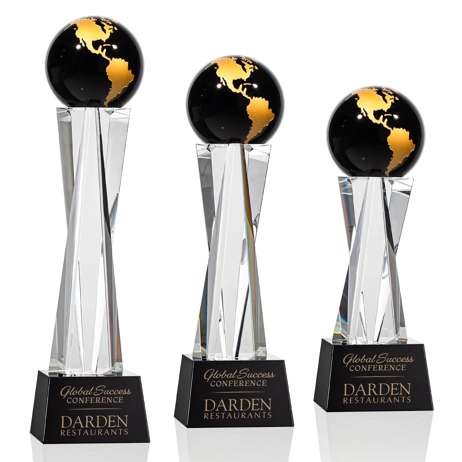 Personalized Optical Crystal Globe Award on a Crystal Pillar for corporate award ceremonies