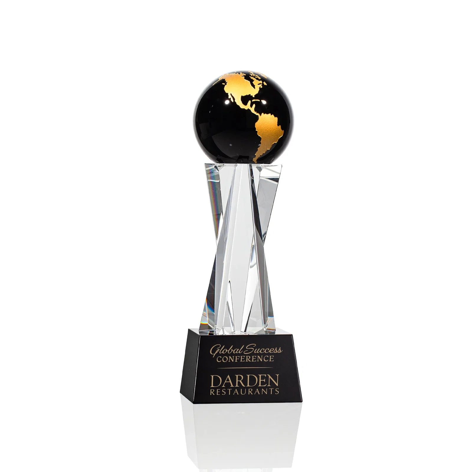 Personalized Optical Crystal Globe Award on a Crystal Pillar for service anniversary gifts