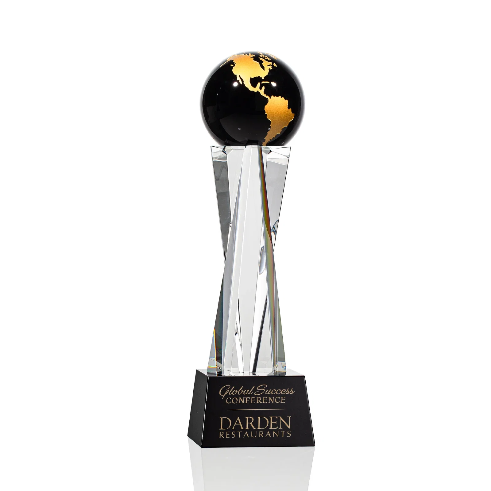 Personalized Optical Crystal Globe Award on a Crystal Pillar for sales achievement awards