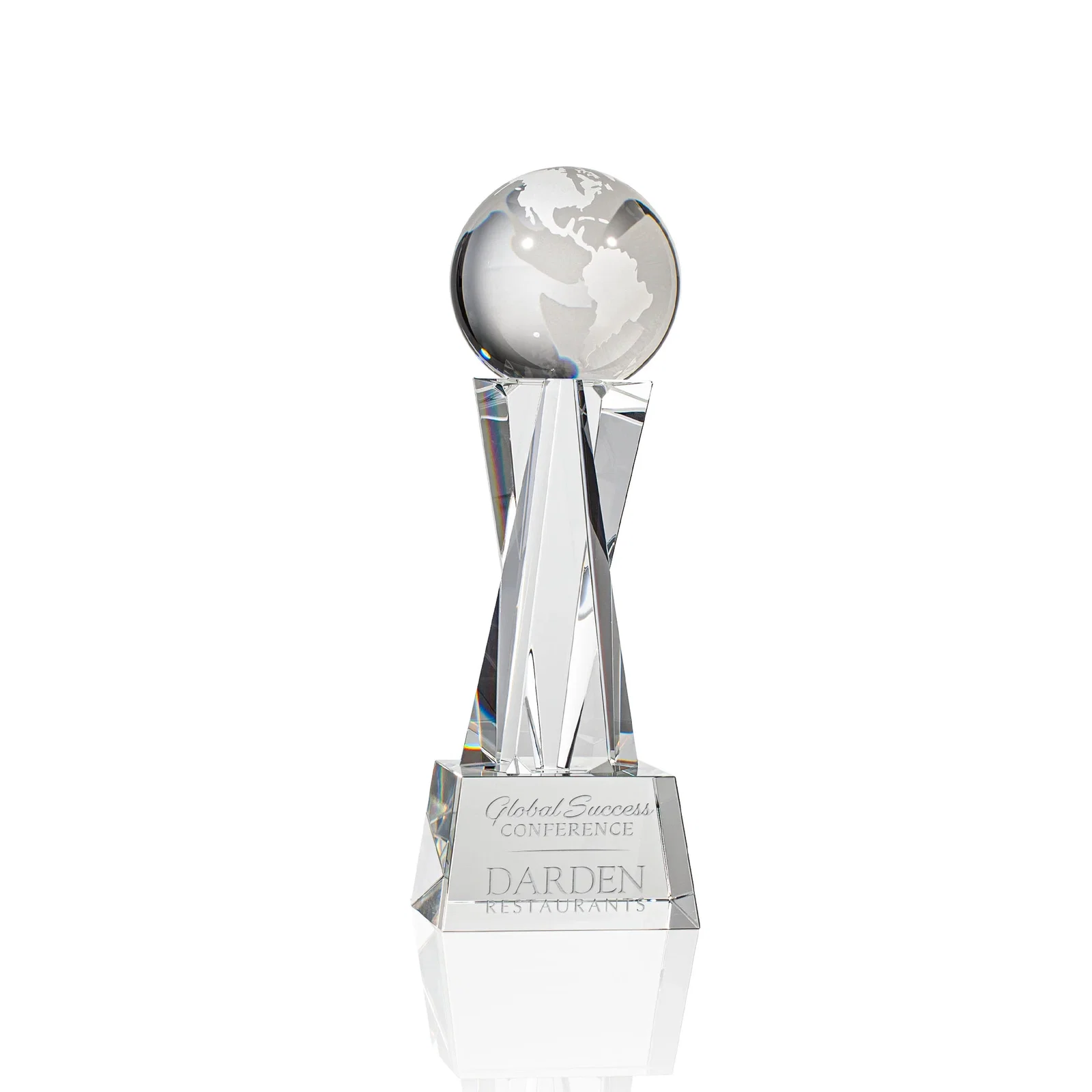Custom Optical Crystal Globe Award on a Crystal Pillar for corporate award ceremonies