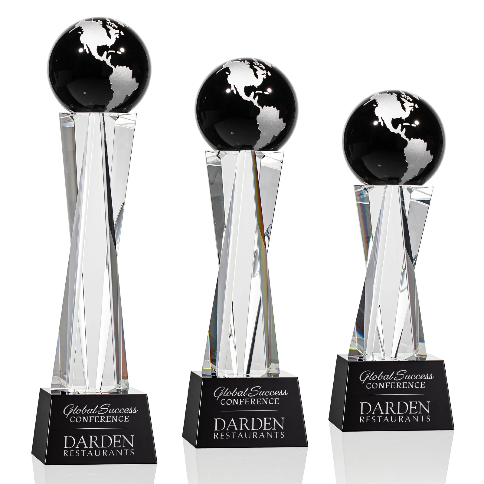 Personalized Optical Crystal Globe Award on a Crystal Pillar for team milestone celebrations