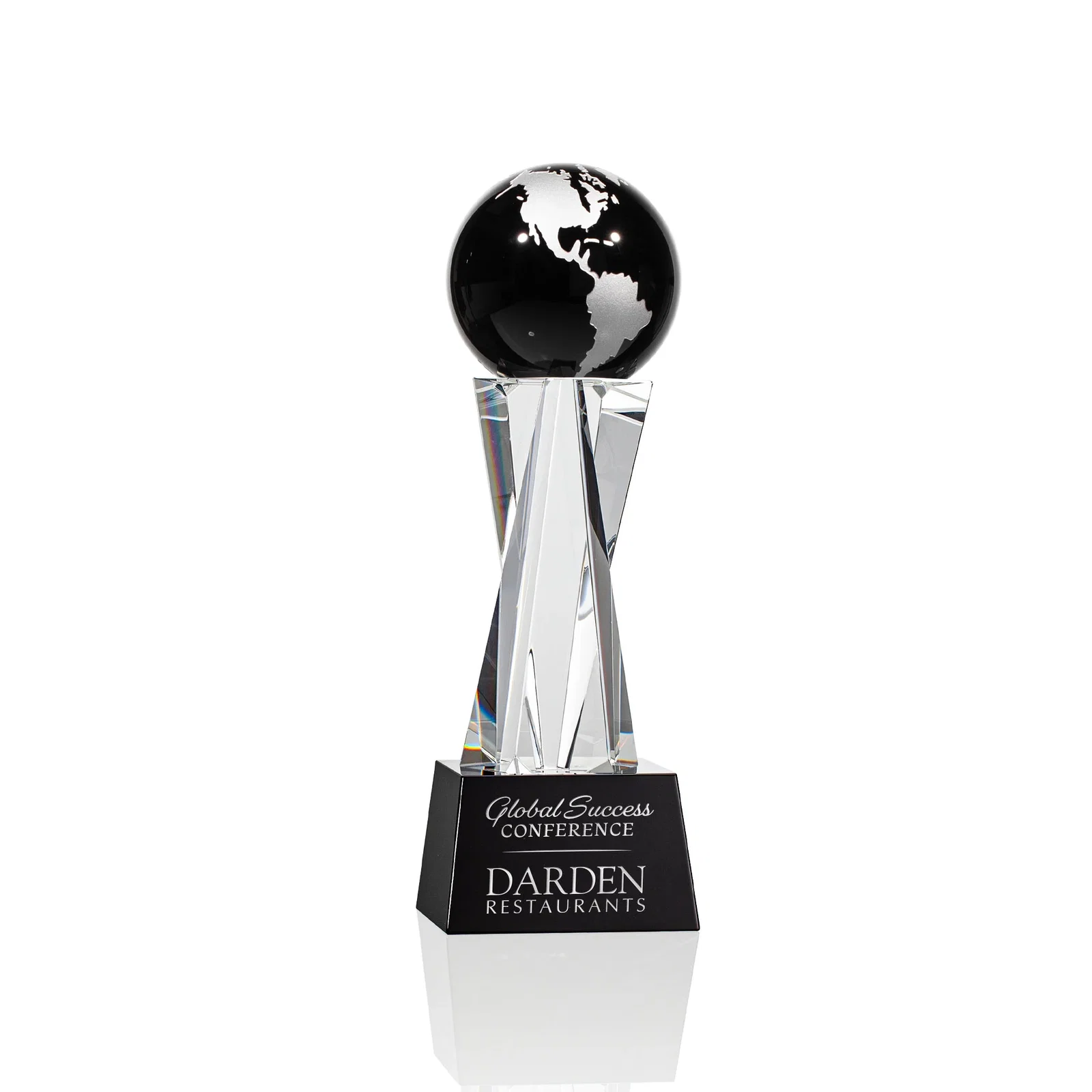 Personalized Optical Crystal Globe Award on a Crystal Pillar for donor appreciation