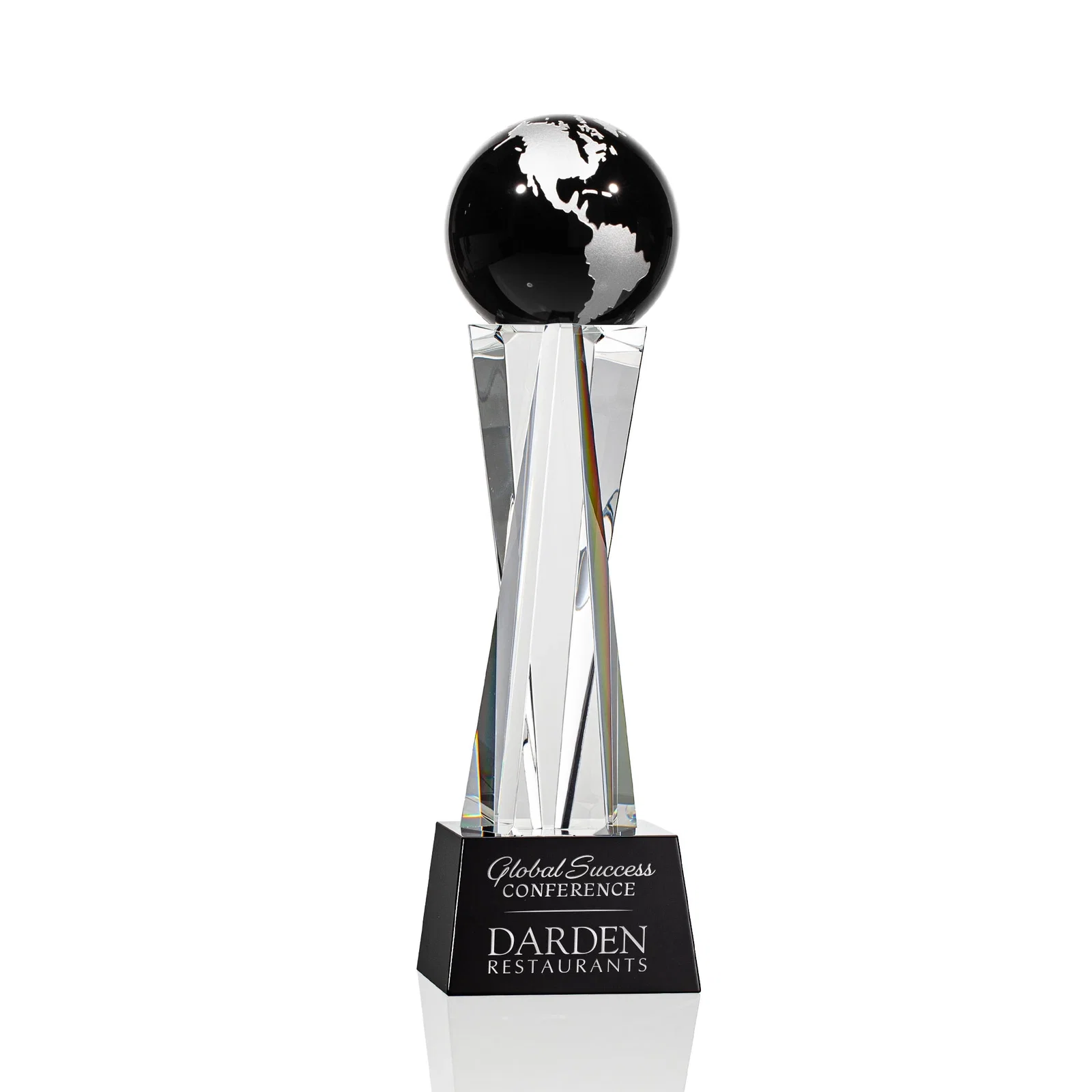 Personalized Optical Crystal Globe Award on a Crystal Pillar for graduation ceremonies