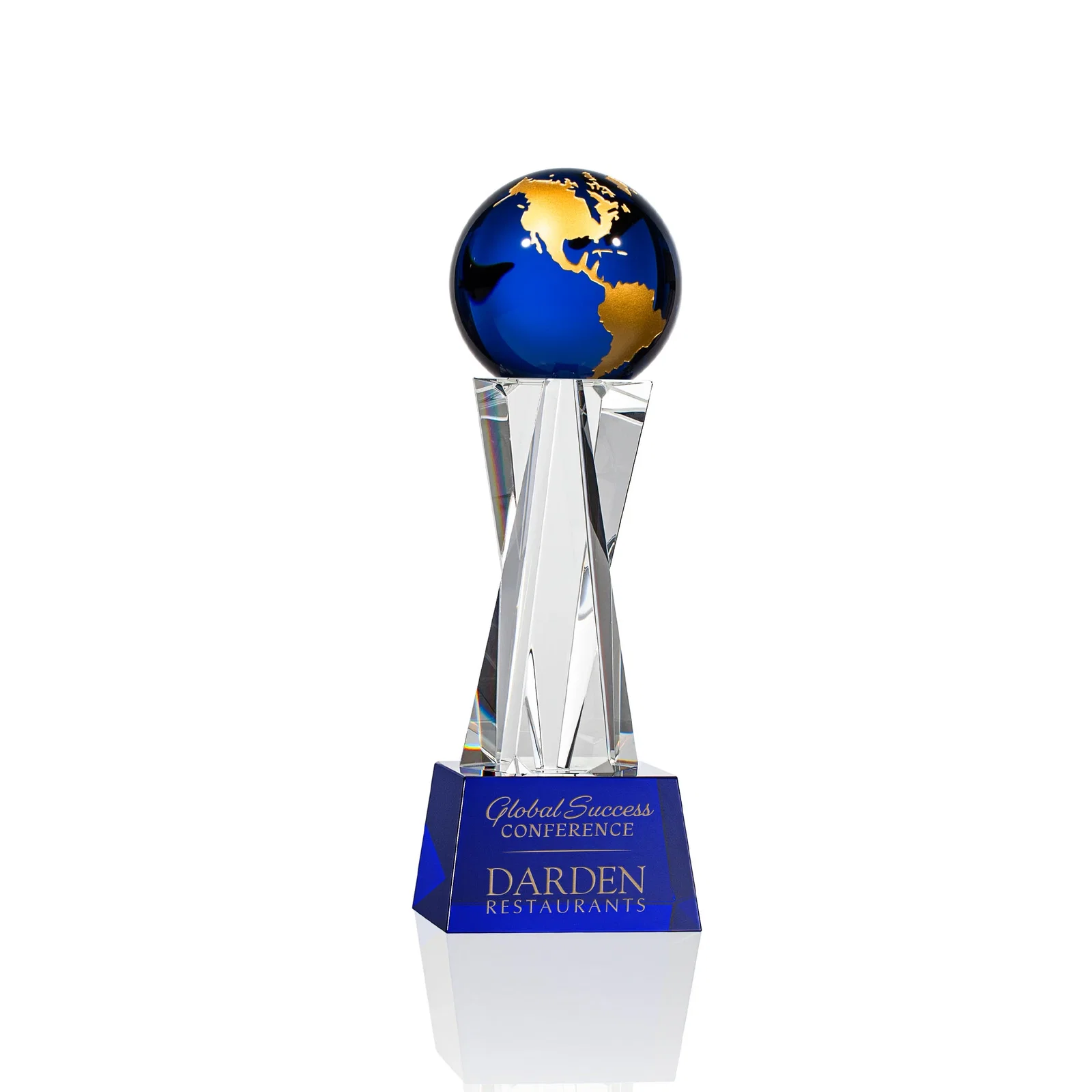 Personalized Optical Crystal Globe Award on a Crystal Pillar for dealer and partner awards