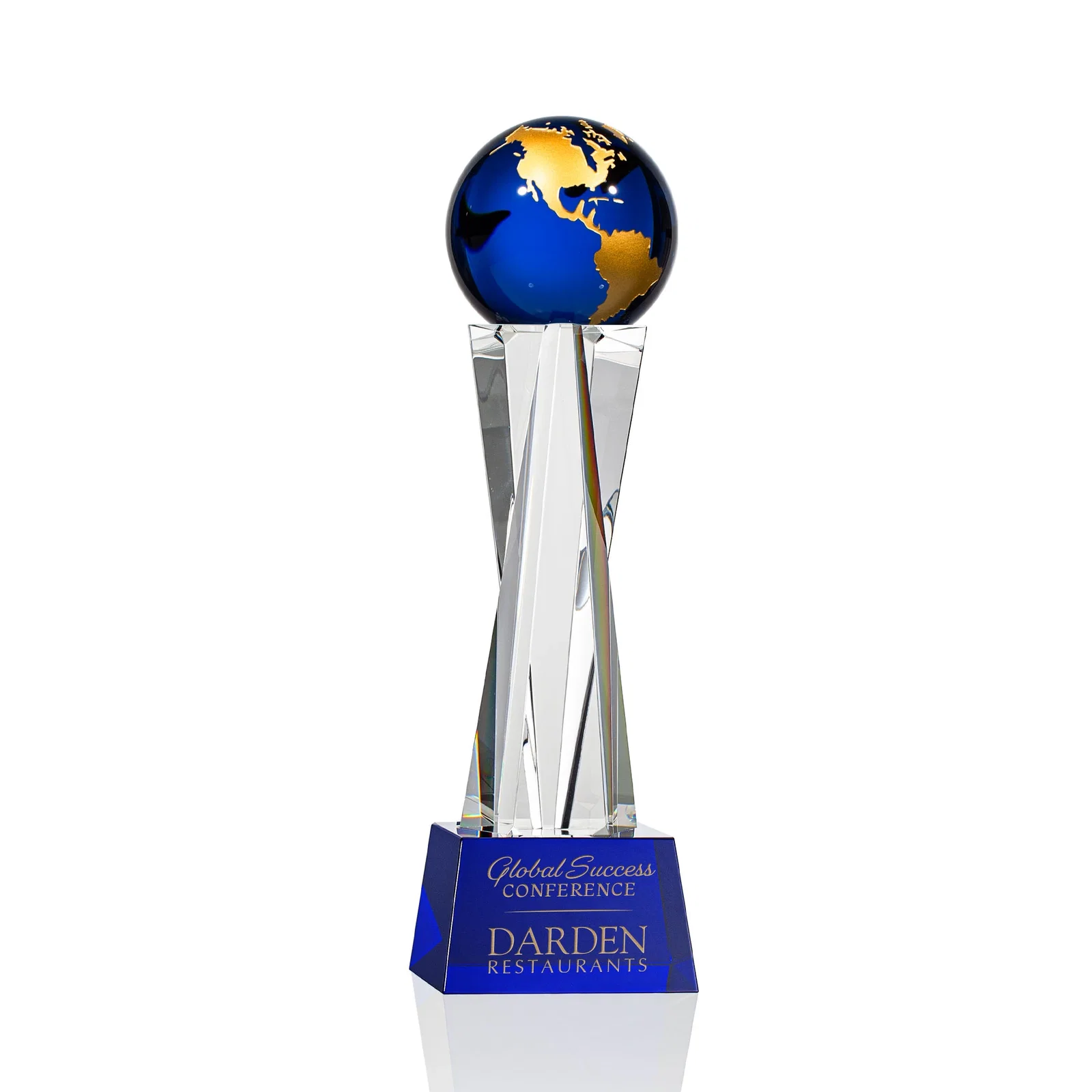 Personalized Optical Crystal Globe Award on a Crystal Pillar for company anniversary events