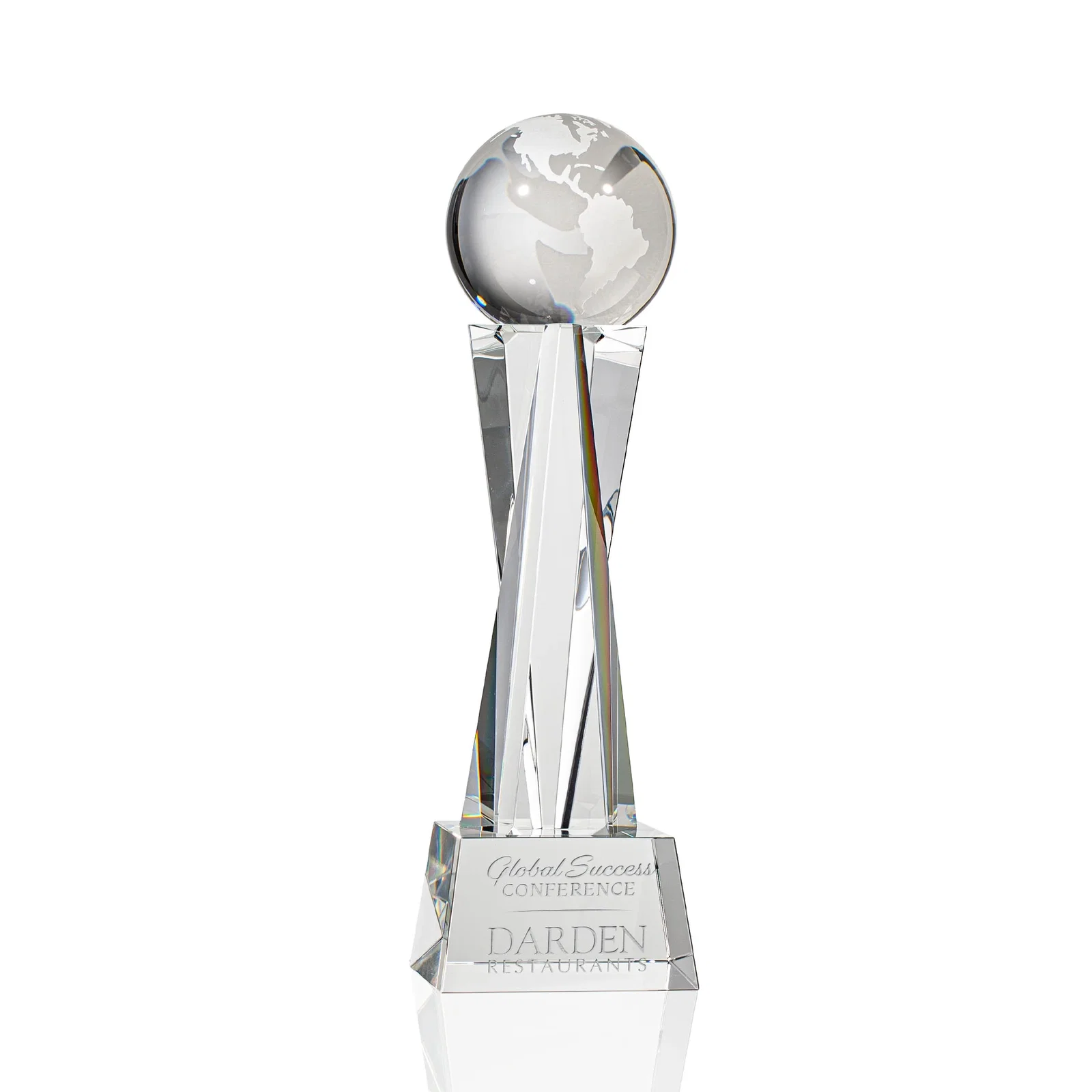 Custom Optical Crystal Globe Award on a Crystal Pillar for service anniversary gifts
