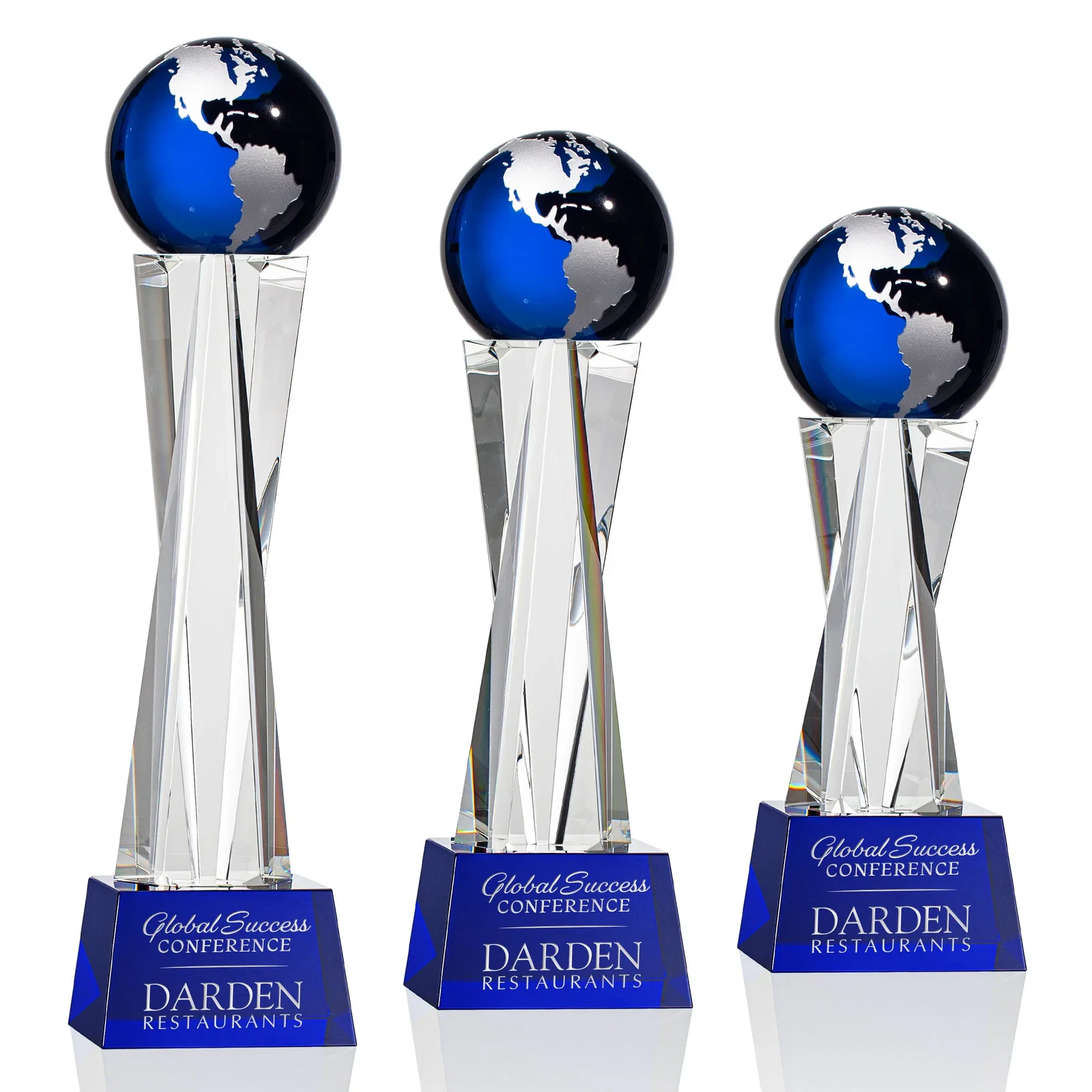 Promotional Optical Crystal Globe Award on a Crystal Pillar for corporate award ceremonies