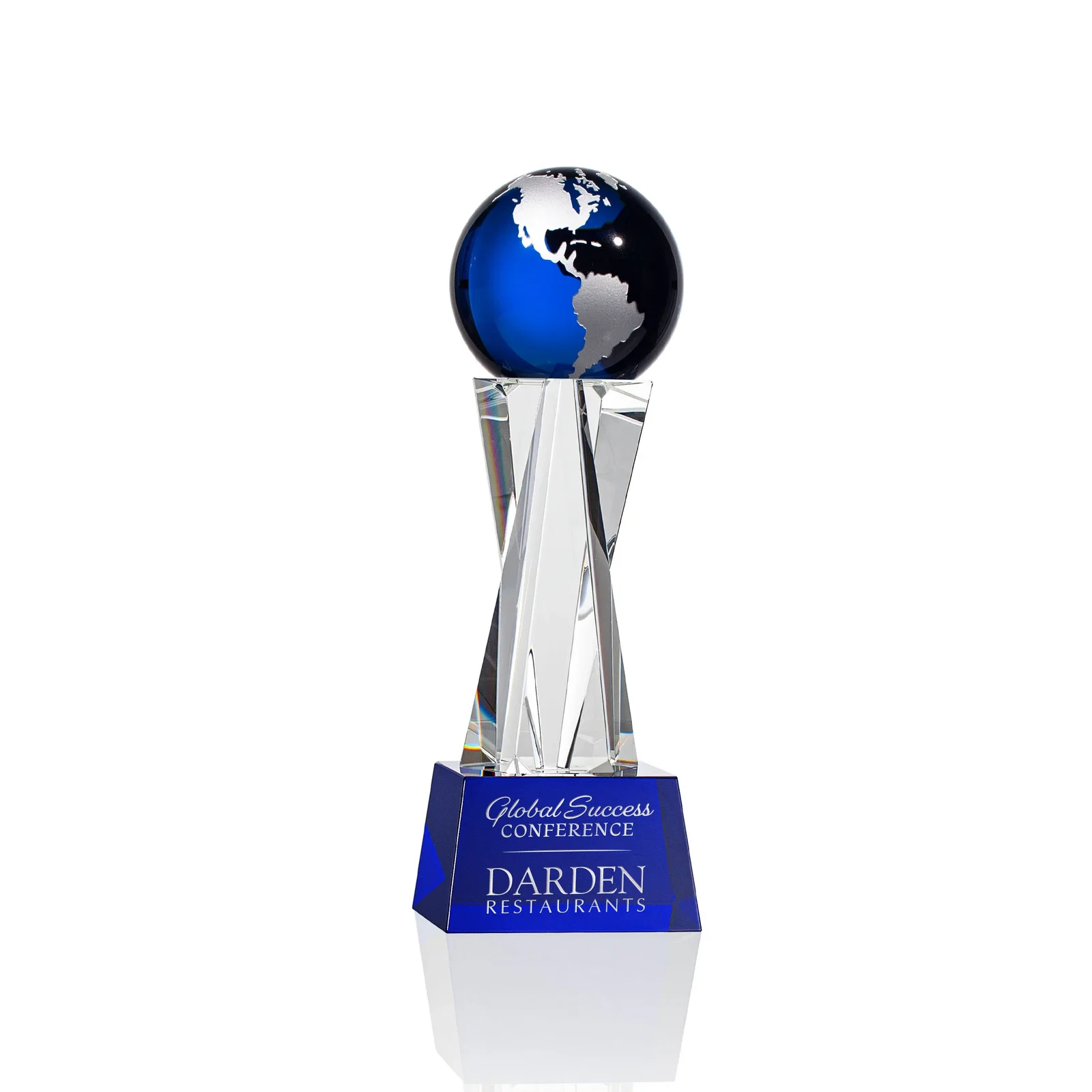 Promotional Optical Crystal Globe Award on a Crystal Pillar for service anniversary gifts