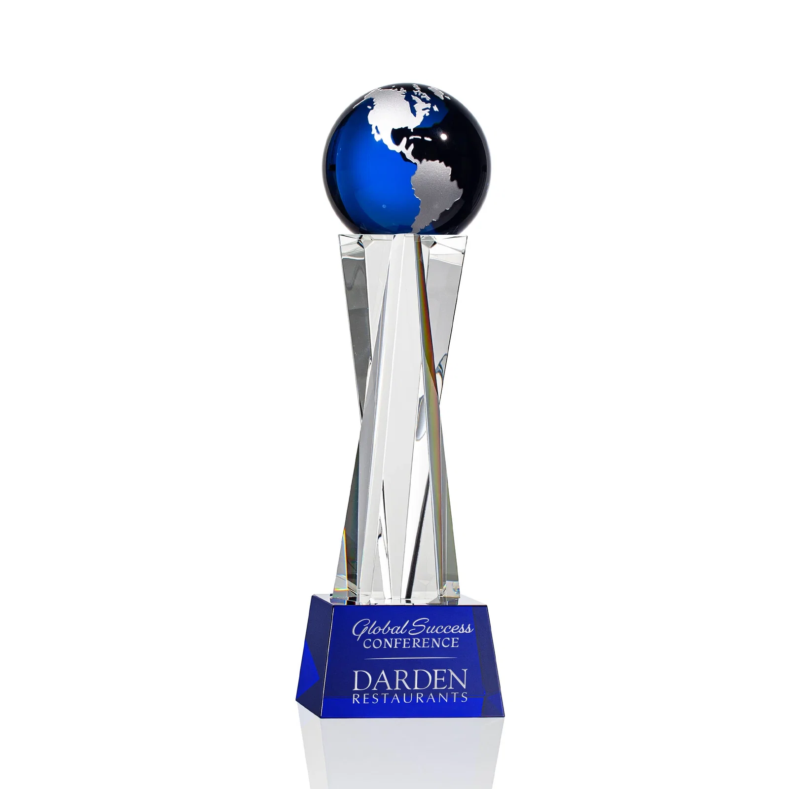 Promotional Optical Crystal Globe Award on a Crystal Pillar for sales achievement awards