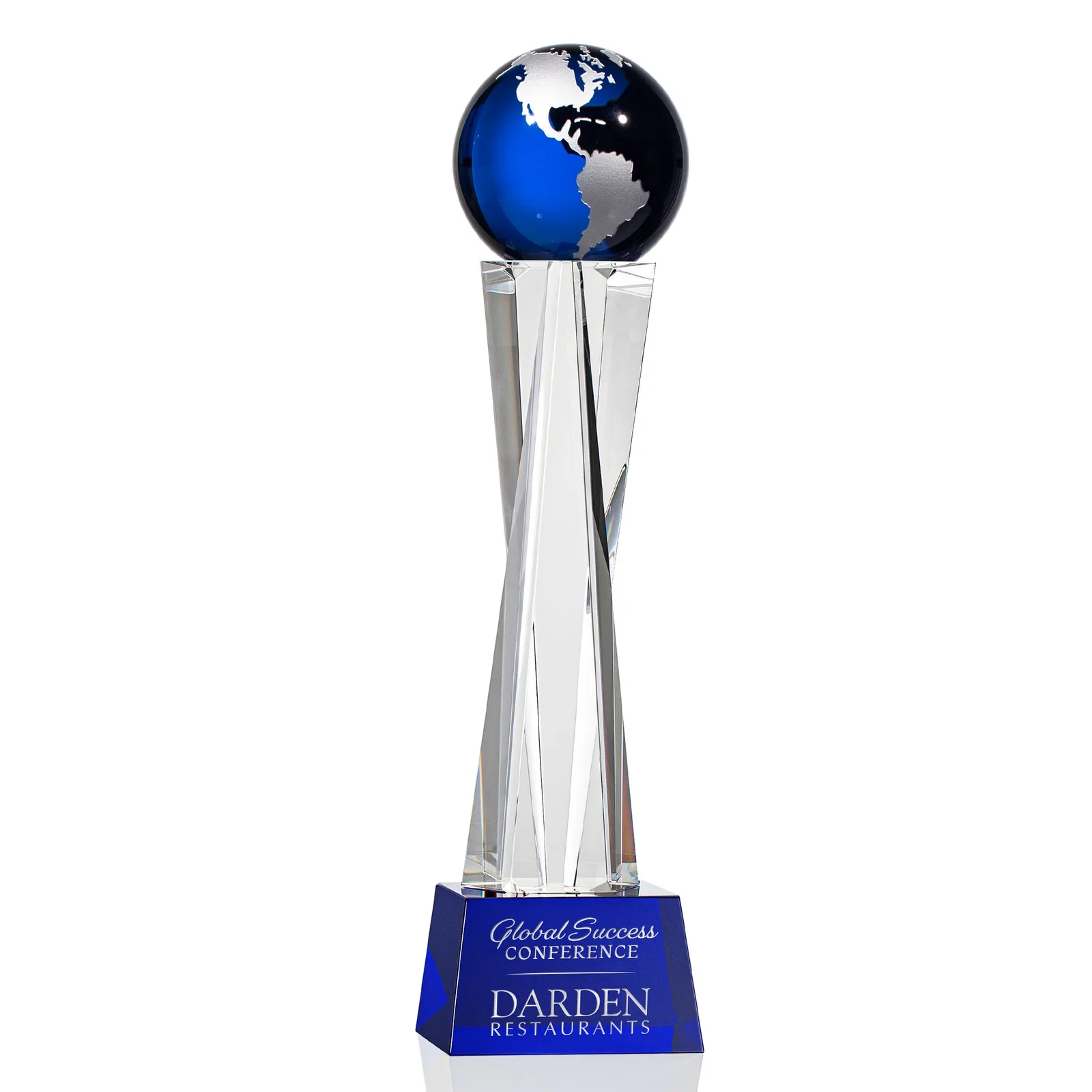 Promotional Optical Crystal Globe Award on a Crystal Pillar for retirement presentations