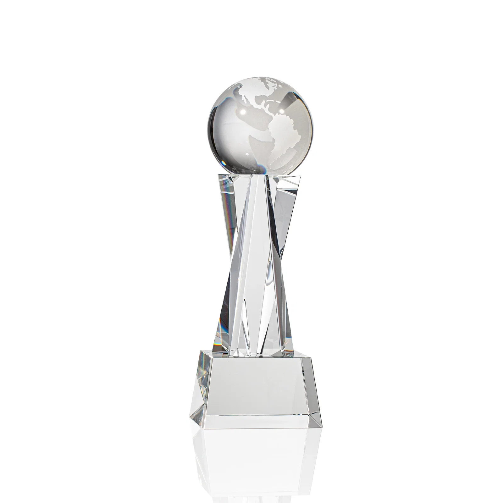Promotional Optical Crystal Globe Award on a Crystal Pillar for team milestone celebrations