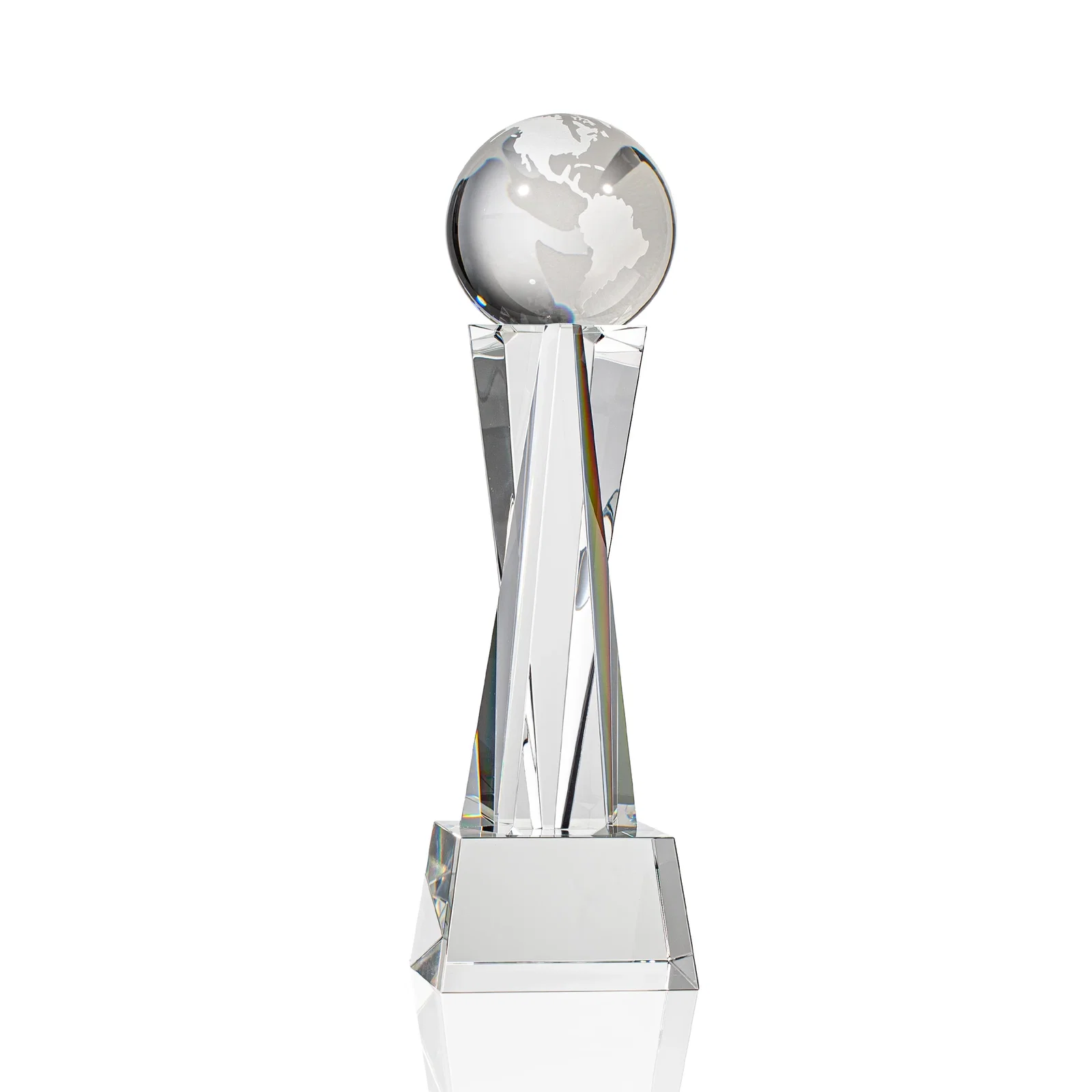 Promotional Optical Crystal Globe Award on a Crystal Pillar for donor appreciation